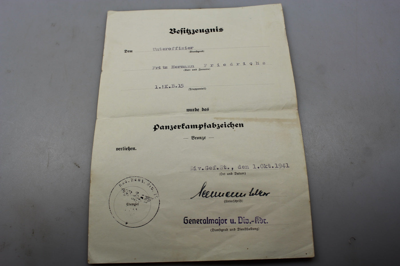 Attestato Panzerkampfabzeichen "bronzo"