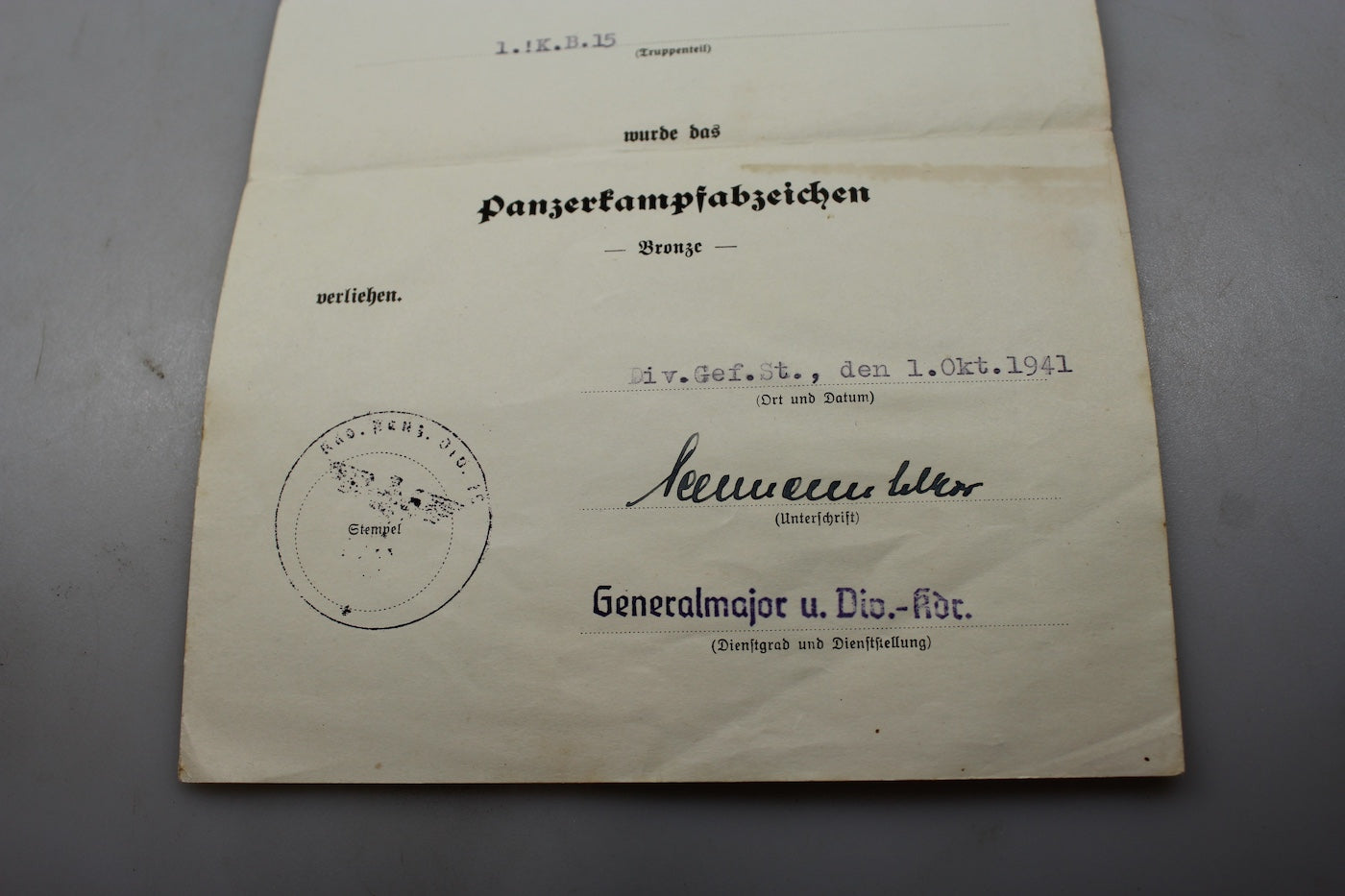 Attestato Panzerkampfabzeichen "bronzo"