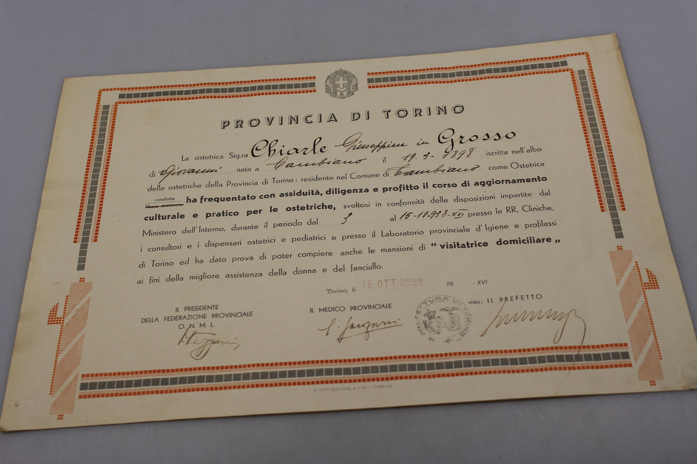 Attestato O.N.M.I. - 1939