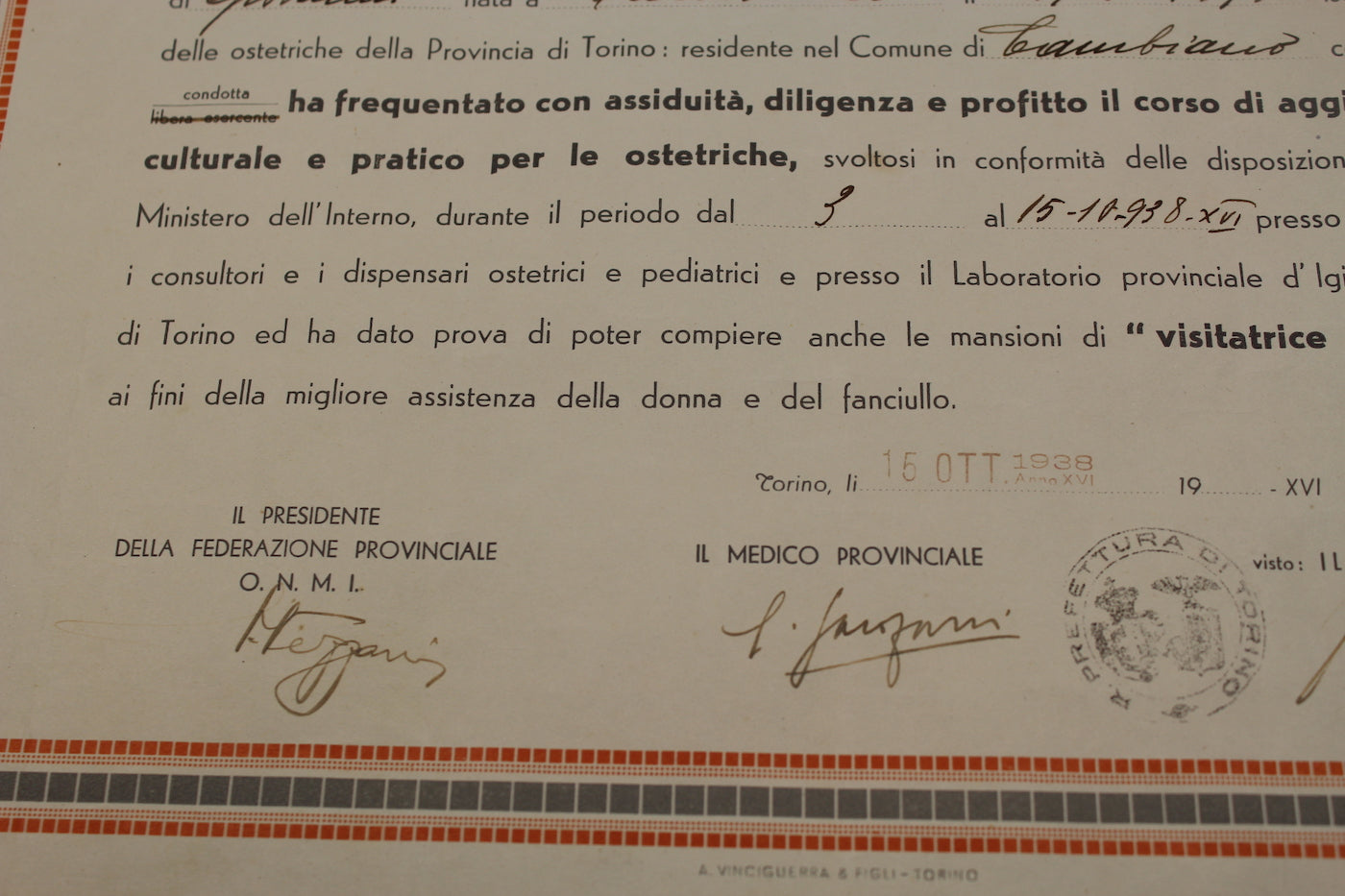 Attestato O.N.M.I. - 1939
