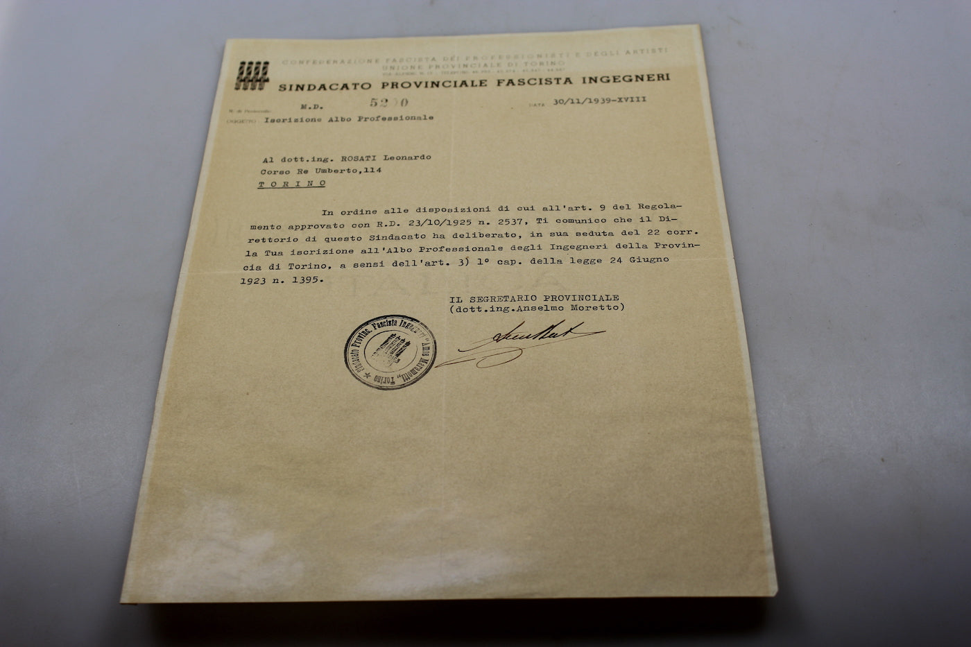 Sindacato Provinciale Fascista Ingegneri - Iscrizione all'albo