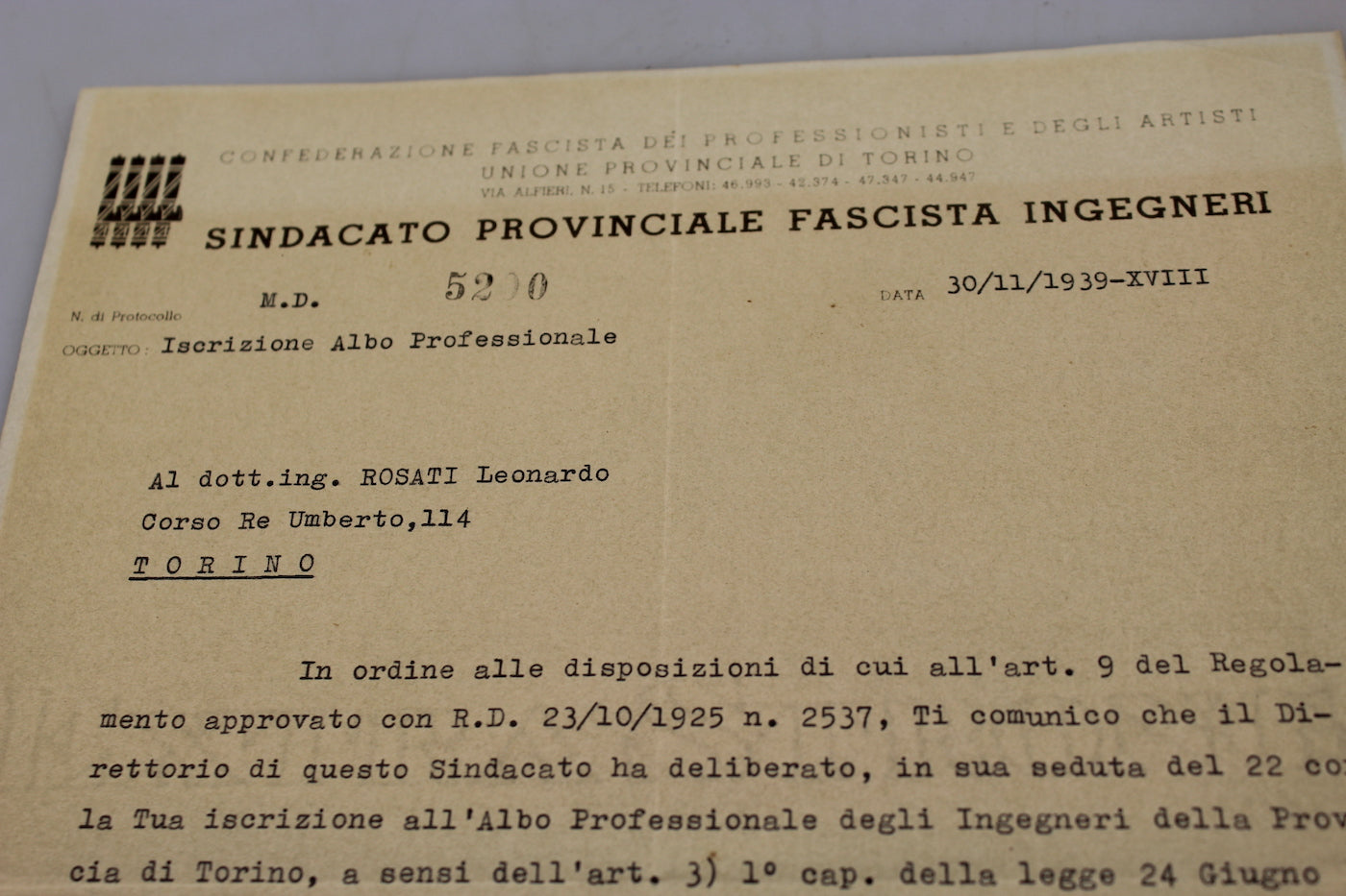Sindacato Provinciale Fascista Ingegneri - Iscrizione all'albo