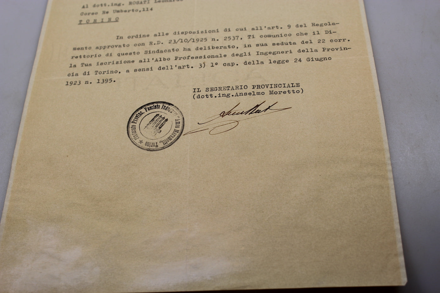 Sindacato Provinciale Fascista Ingegneri - Iscrizione all'albo