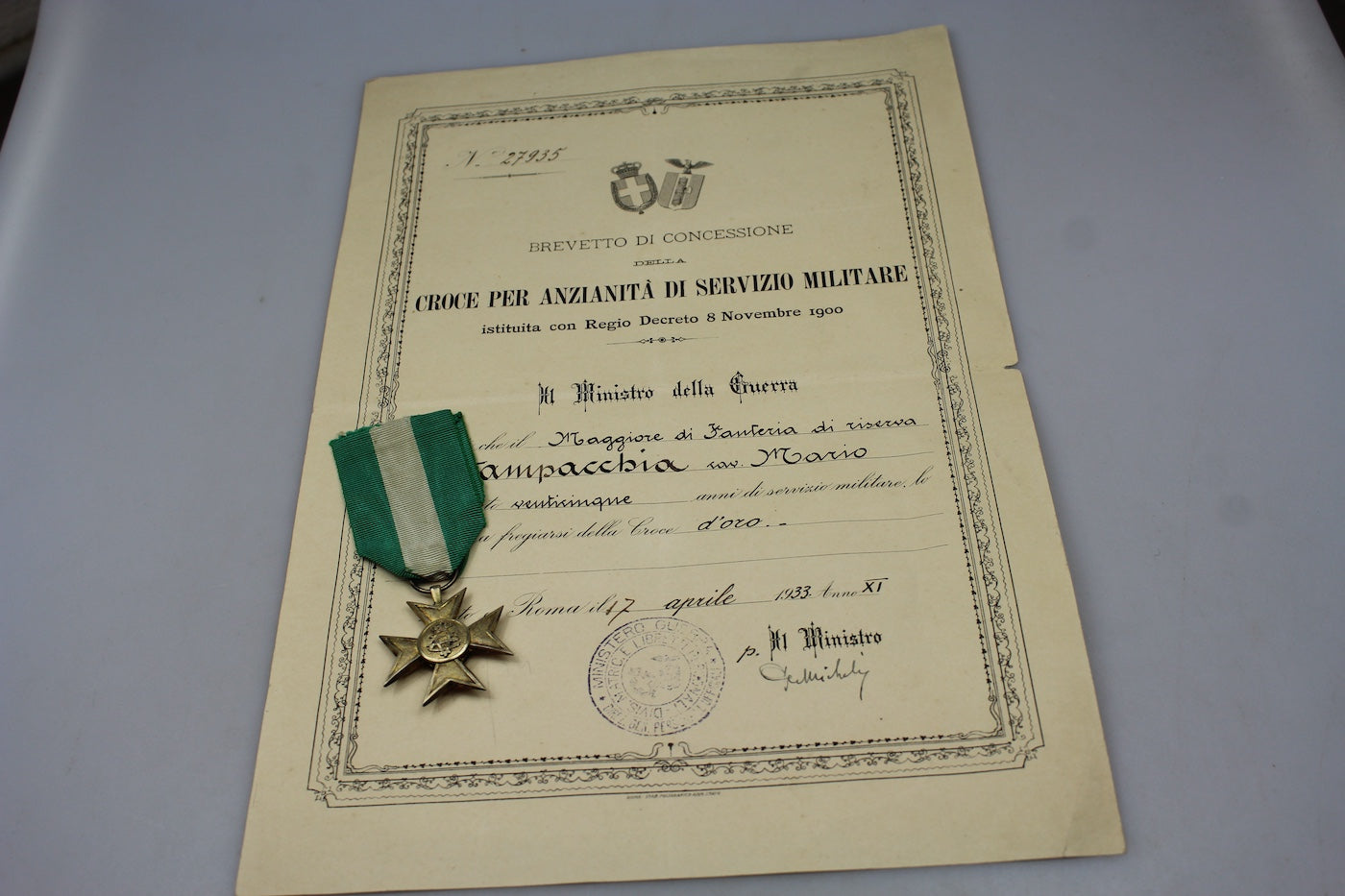 Croce d’oro XXV Anni Anzianità del Servizio Militare con attestato di conferimento