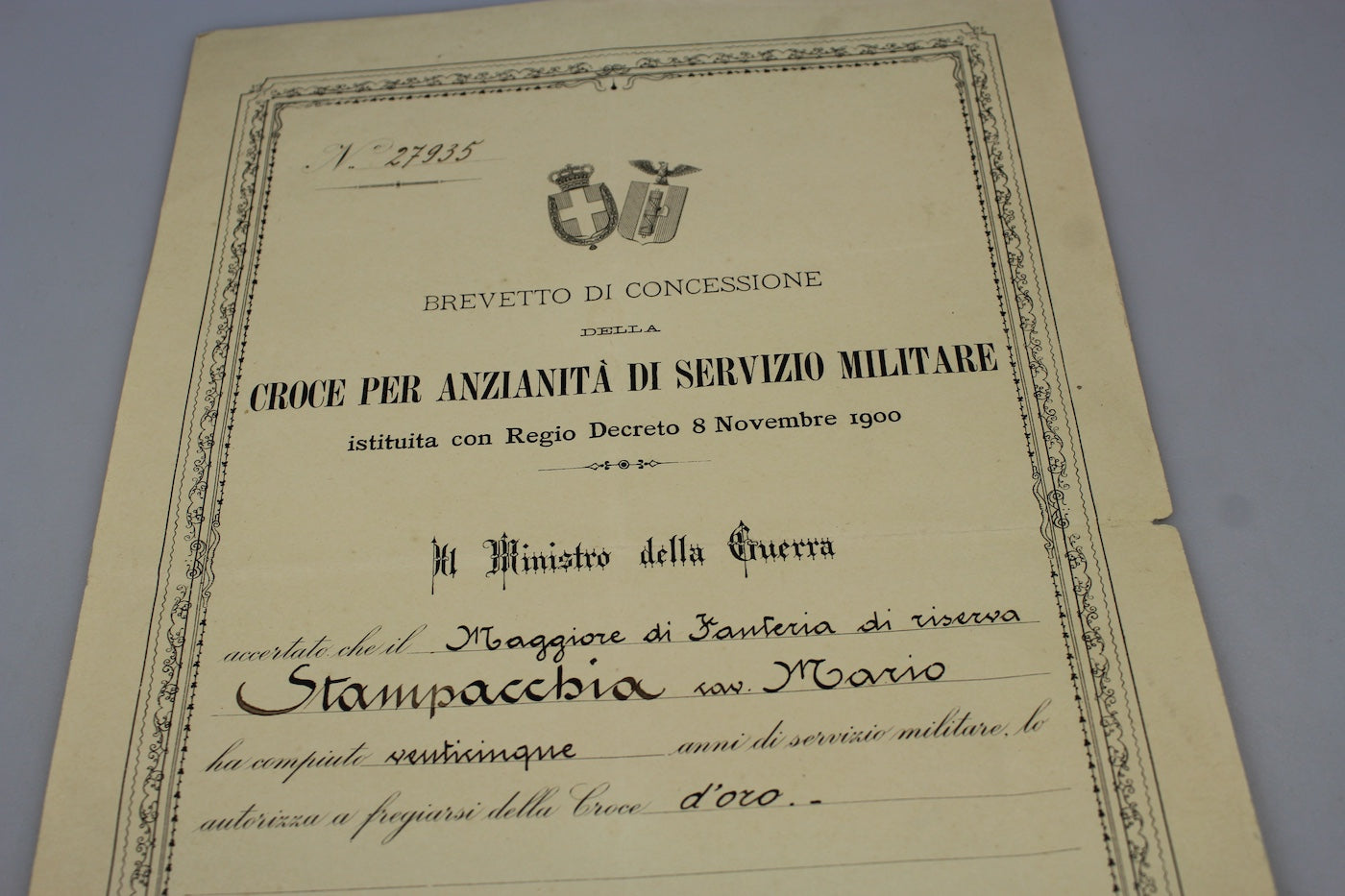 Croce d’oro XXV Anni Anzianità del Servizio Militare con attestato di conferimento