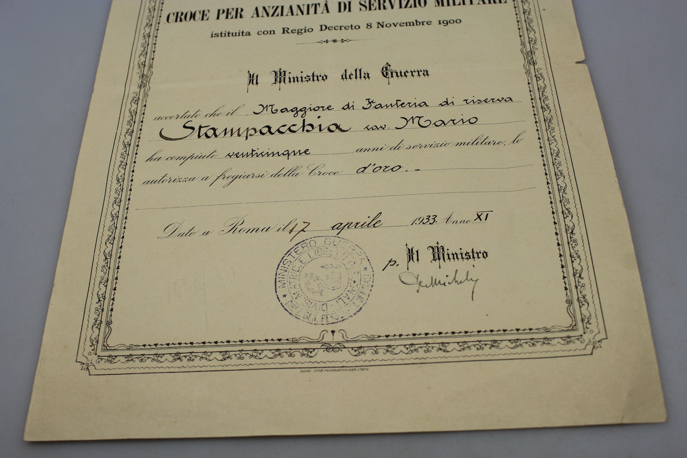 Croce d’oro XXV Anni Anzianità del Servizio Militare con attestato di conferimento