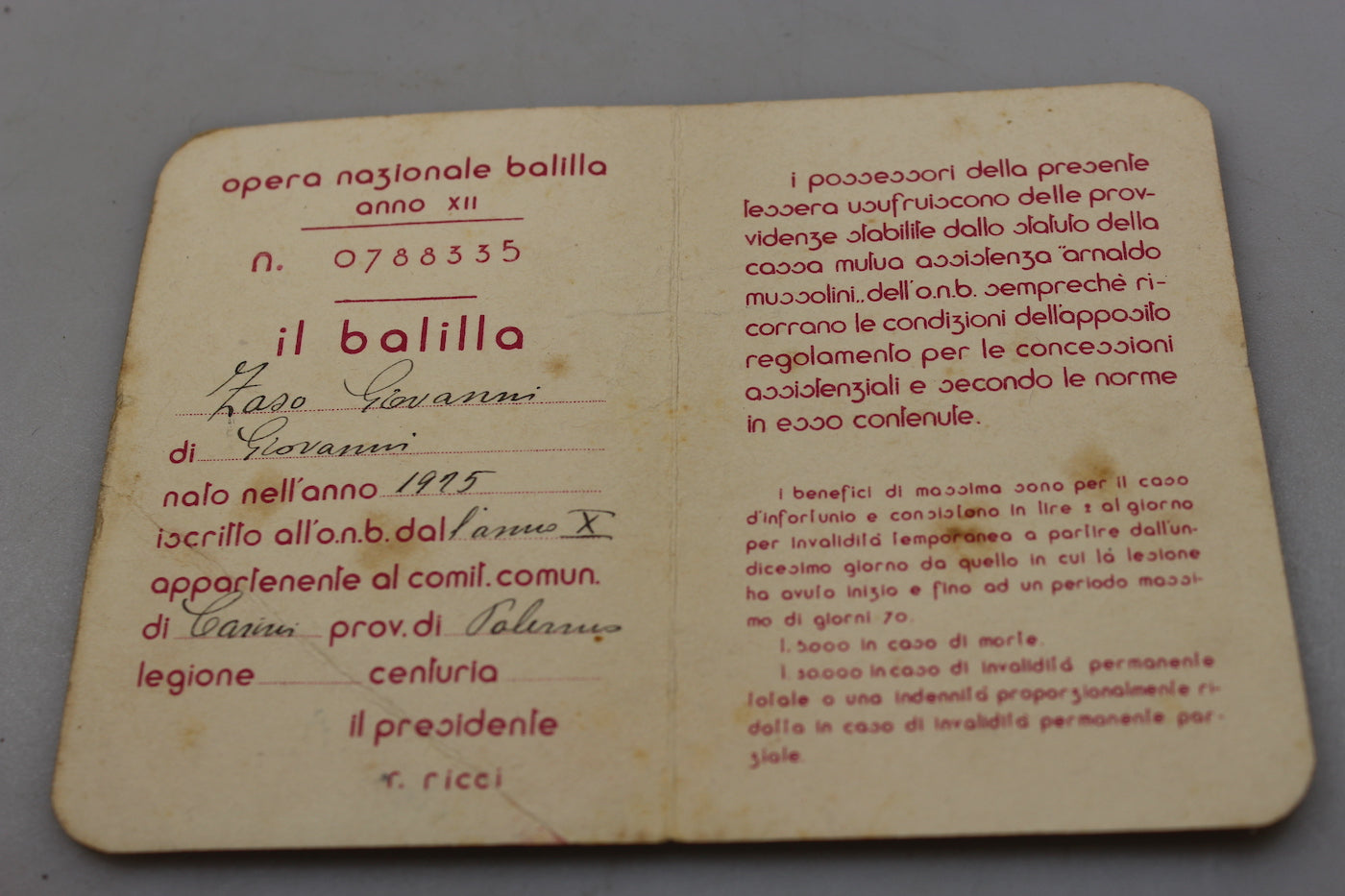 Tessera OB - Balilla XII°