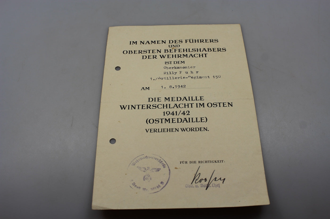 Attestato conferimento Ostmedaille 1941/42