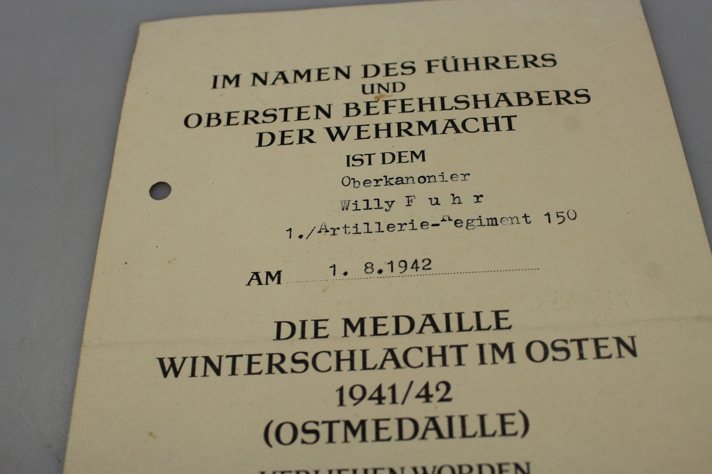 Attestato conferimento Ostmedaille 1941/42
