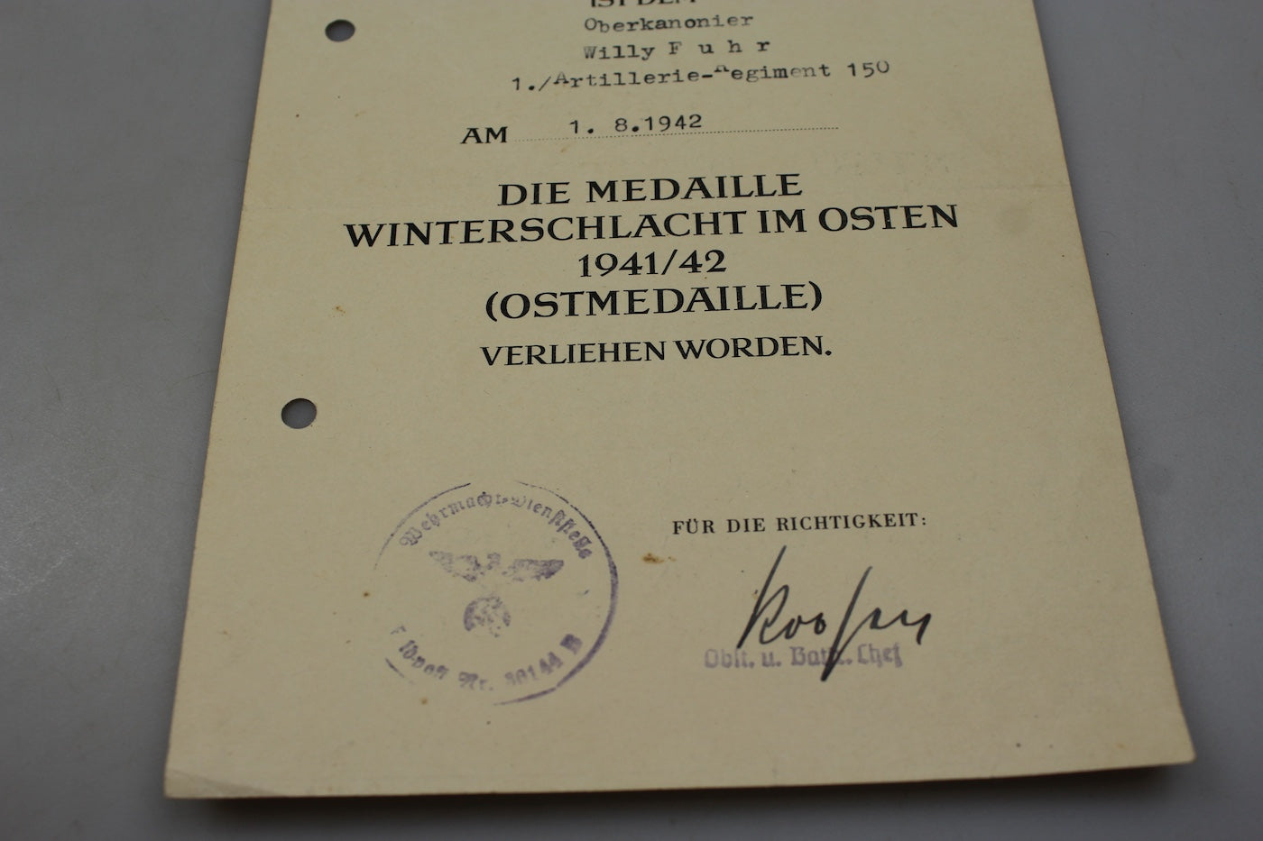 Attestato conferimento Ostmedaille 1941/42