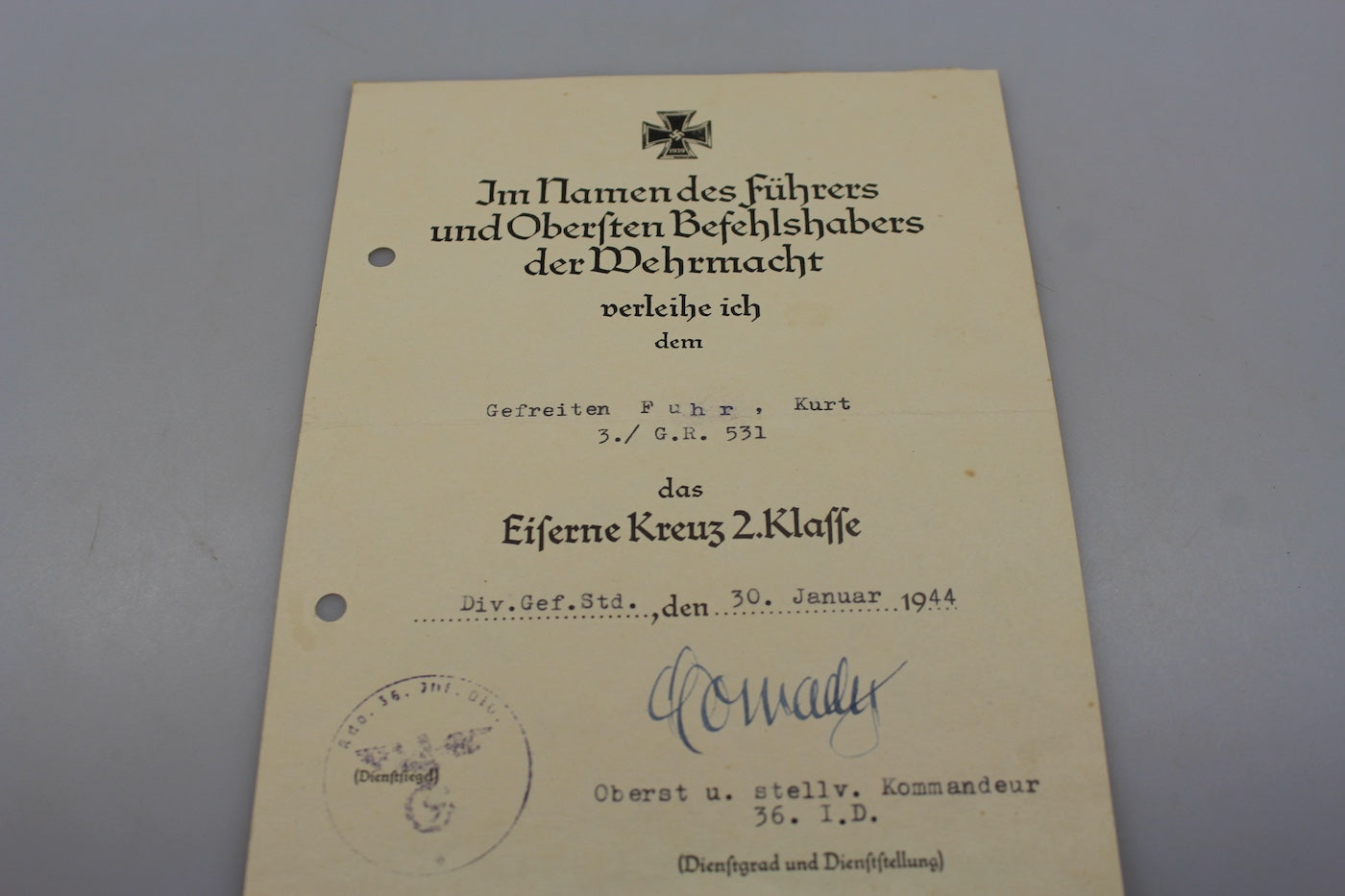 Attestato Croce di Ferro di Seconda Classe WW2