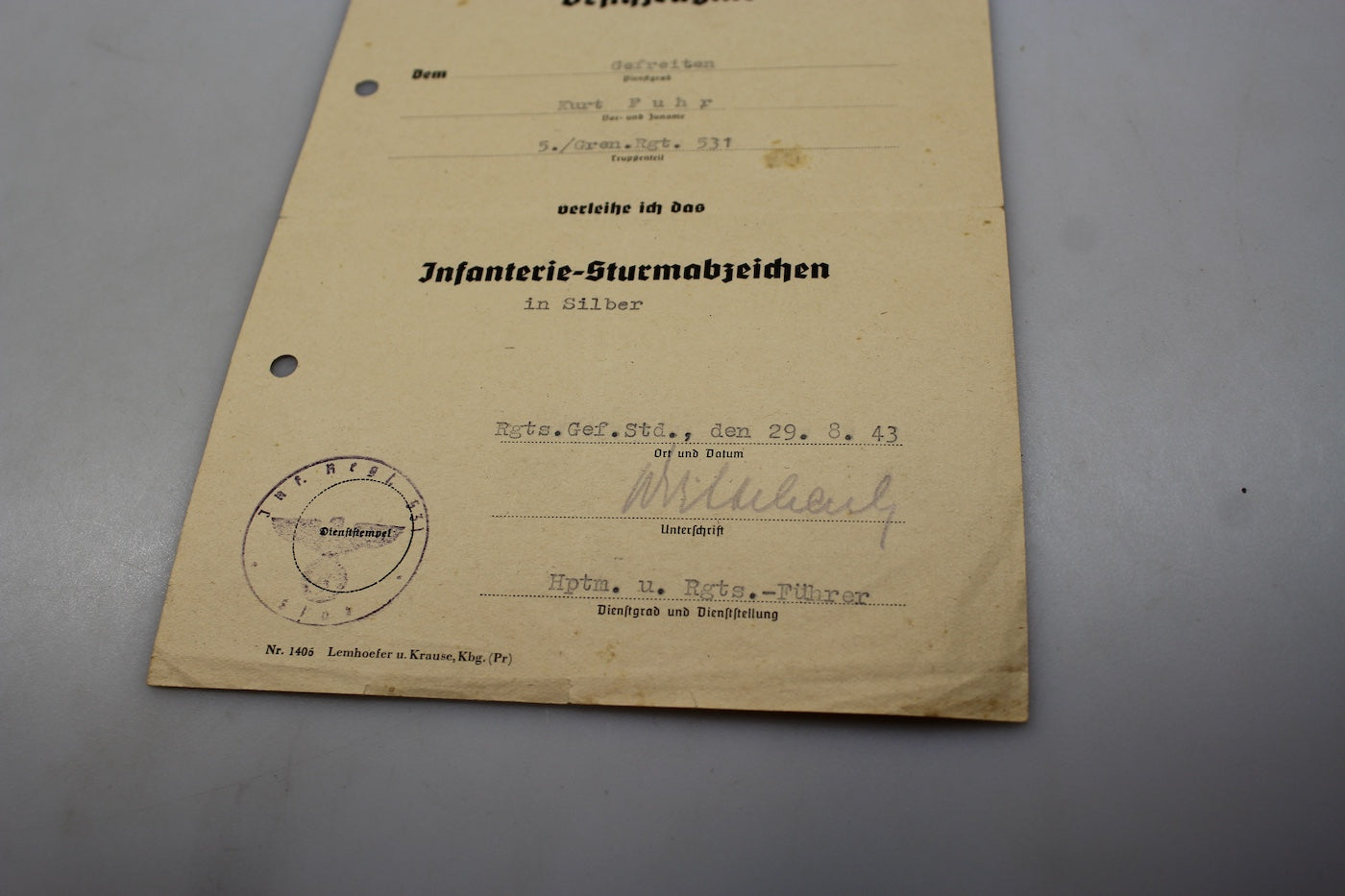 Attestato di conferimento ISA silver WH WW2