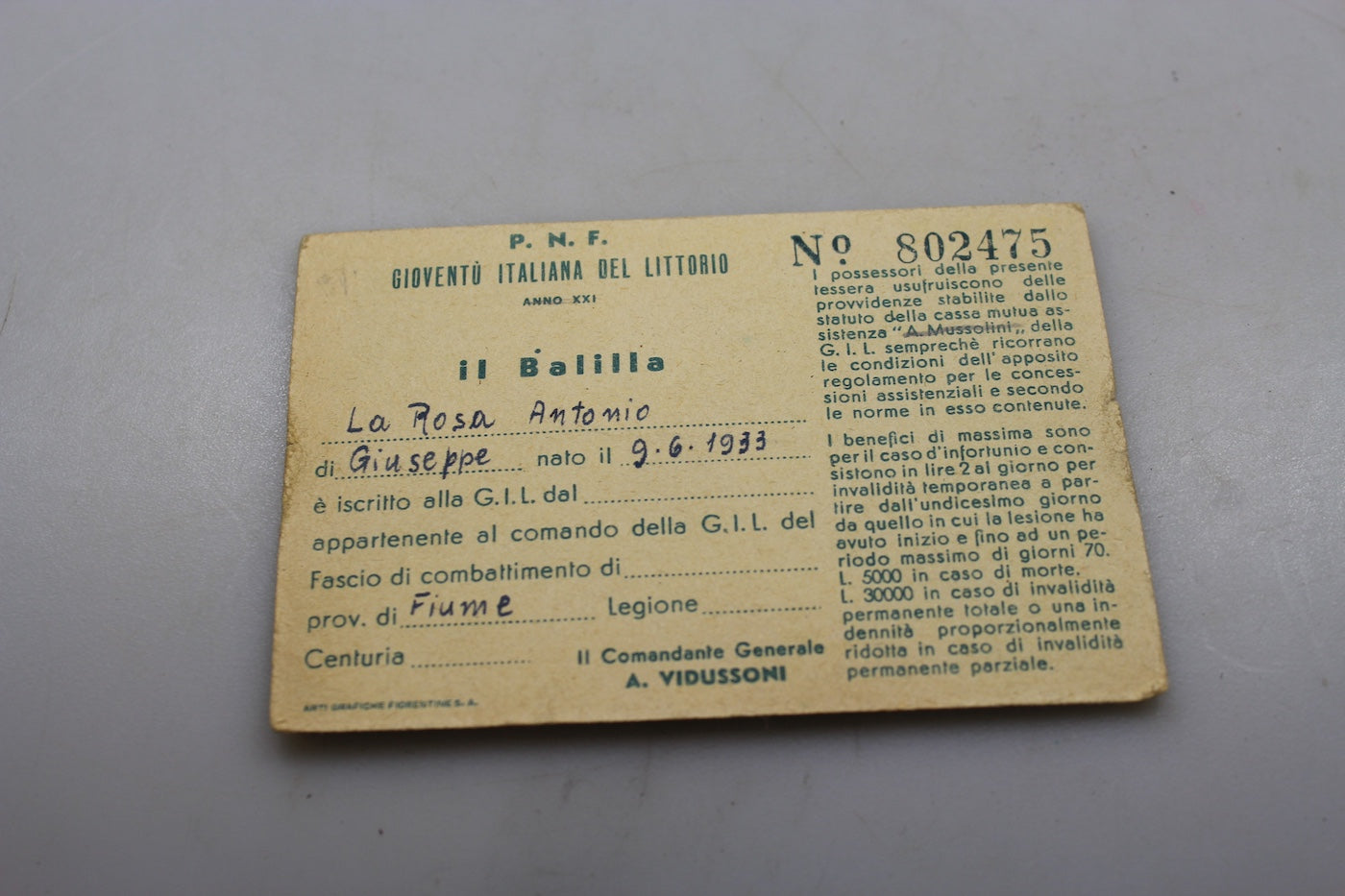 Tessera GIL - Balilla XXI° E.F.