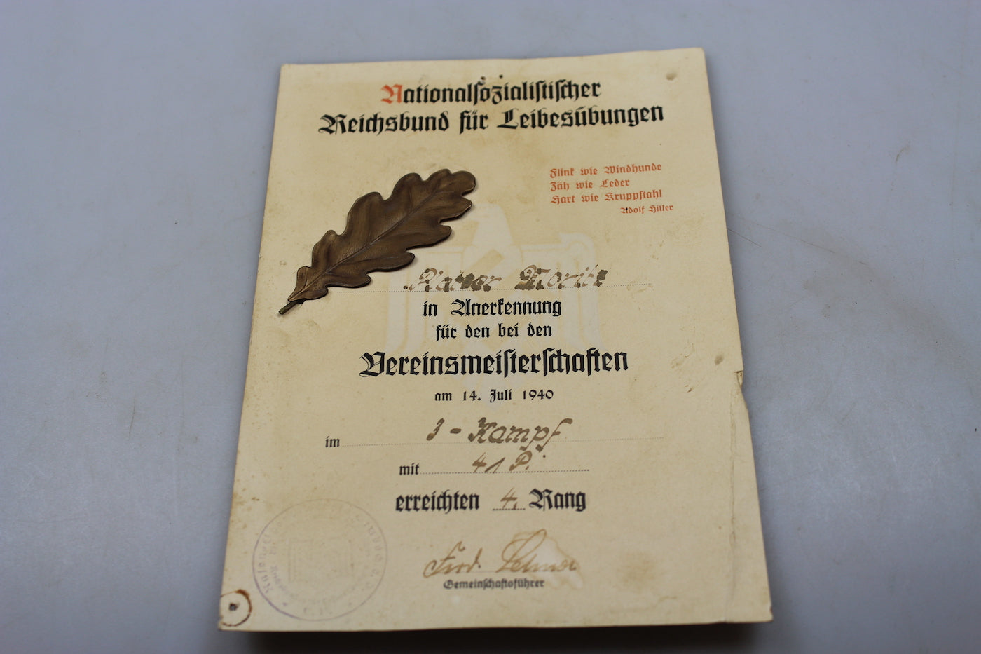 Attestato con premio Wettkampf 14/7/40