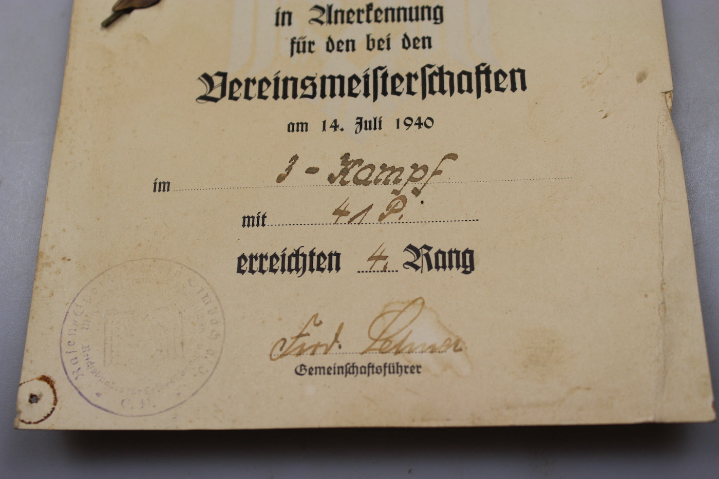Attestato con premio Wettkampf 14/7/40