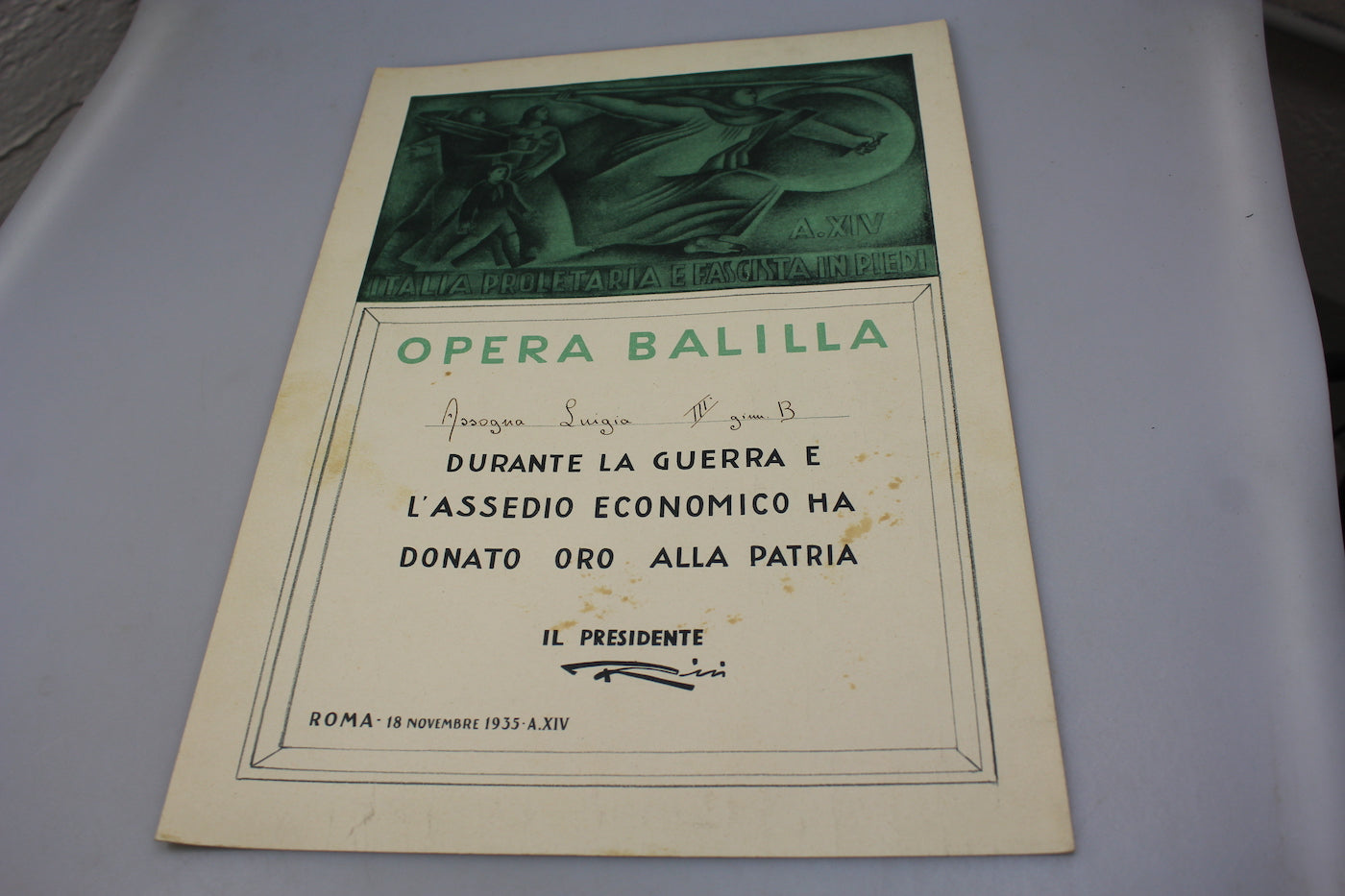 Attestato OB " Oro alla Patria"