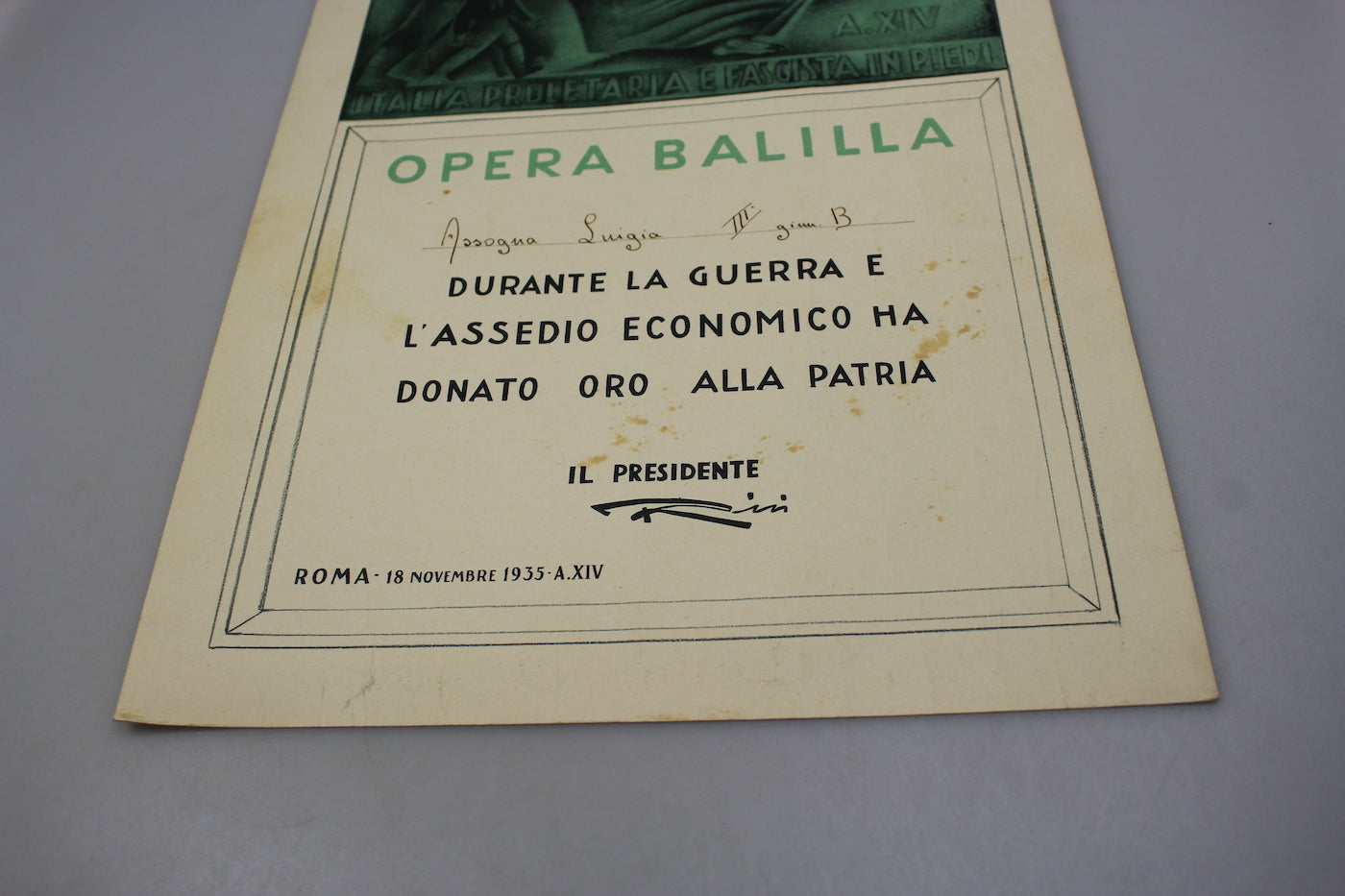 Attestato OB " Oro alla Patria"