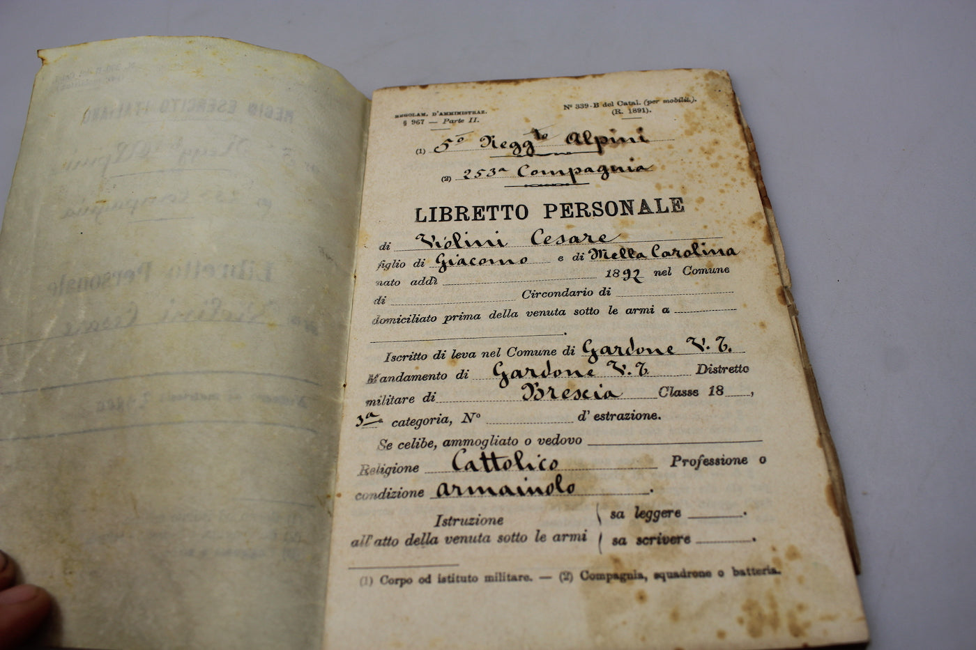Libretto personale Alpino 5° Reggimento