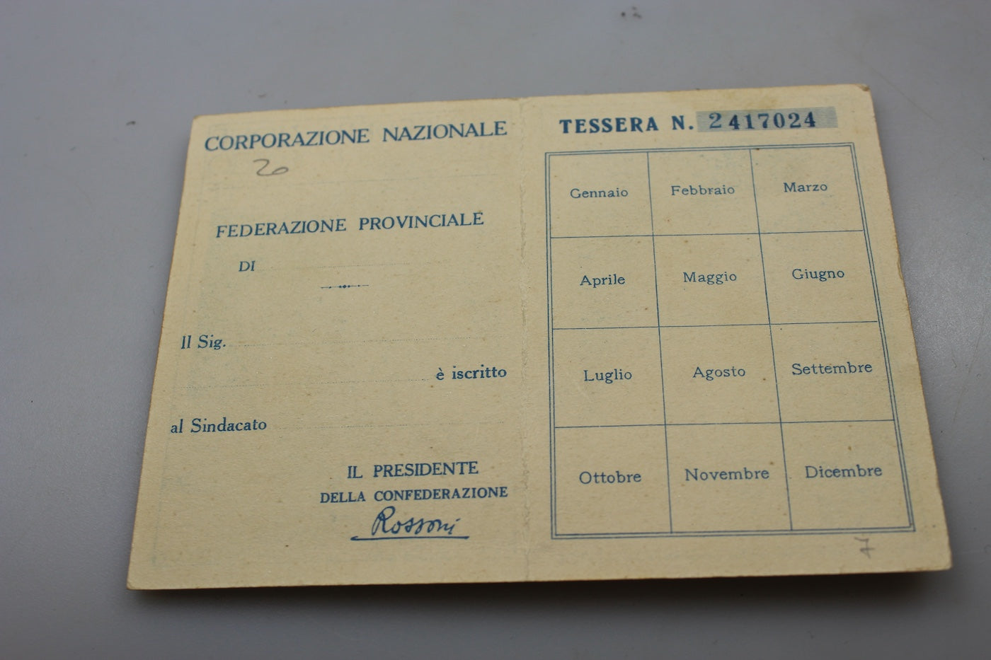 Tessera Confederazione delle Corporazioni Fasciste - 1926, foto 2