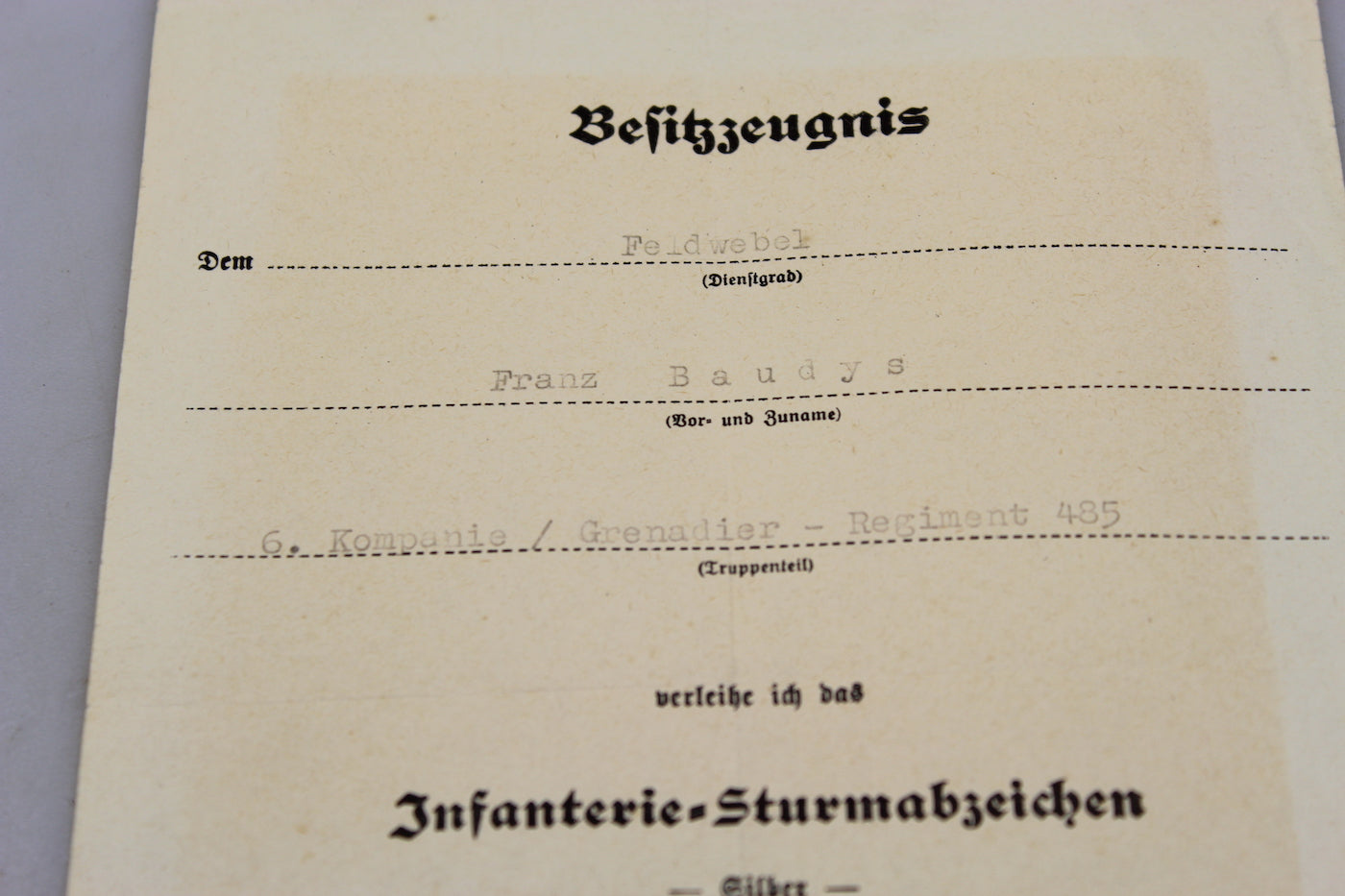 Attestato Infanterie Sturmabzeichen "Silver"