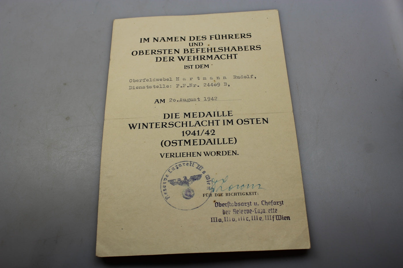 Attestato conferimento Ostmedaille 1941/42