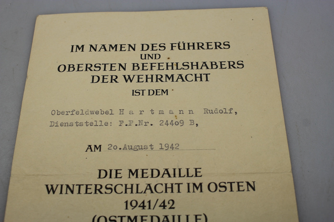 Attestato conferimento Ostmedaille 1941/42