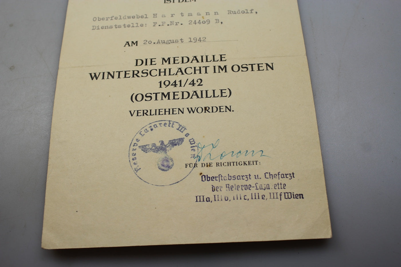 Attestato conferimento Ostmedaille 1941/42