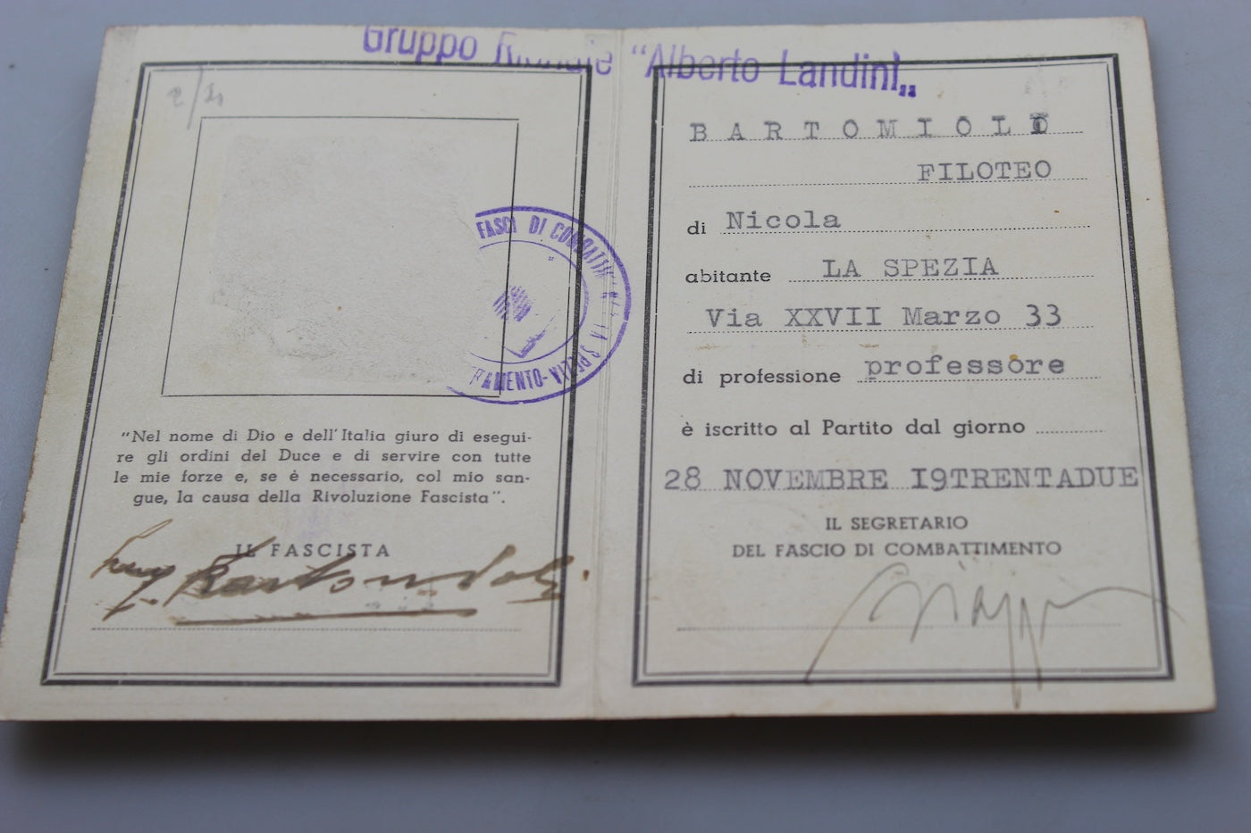 Tessera iscritto PNF per il XV° E.F.