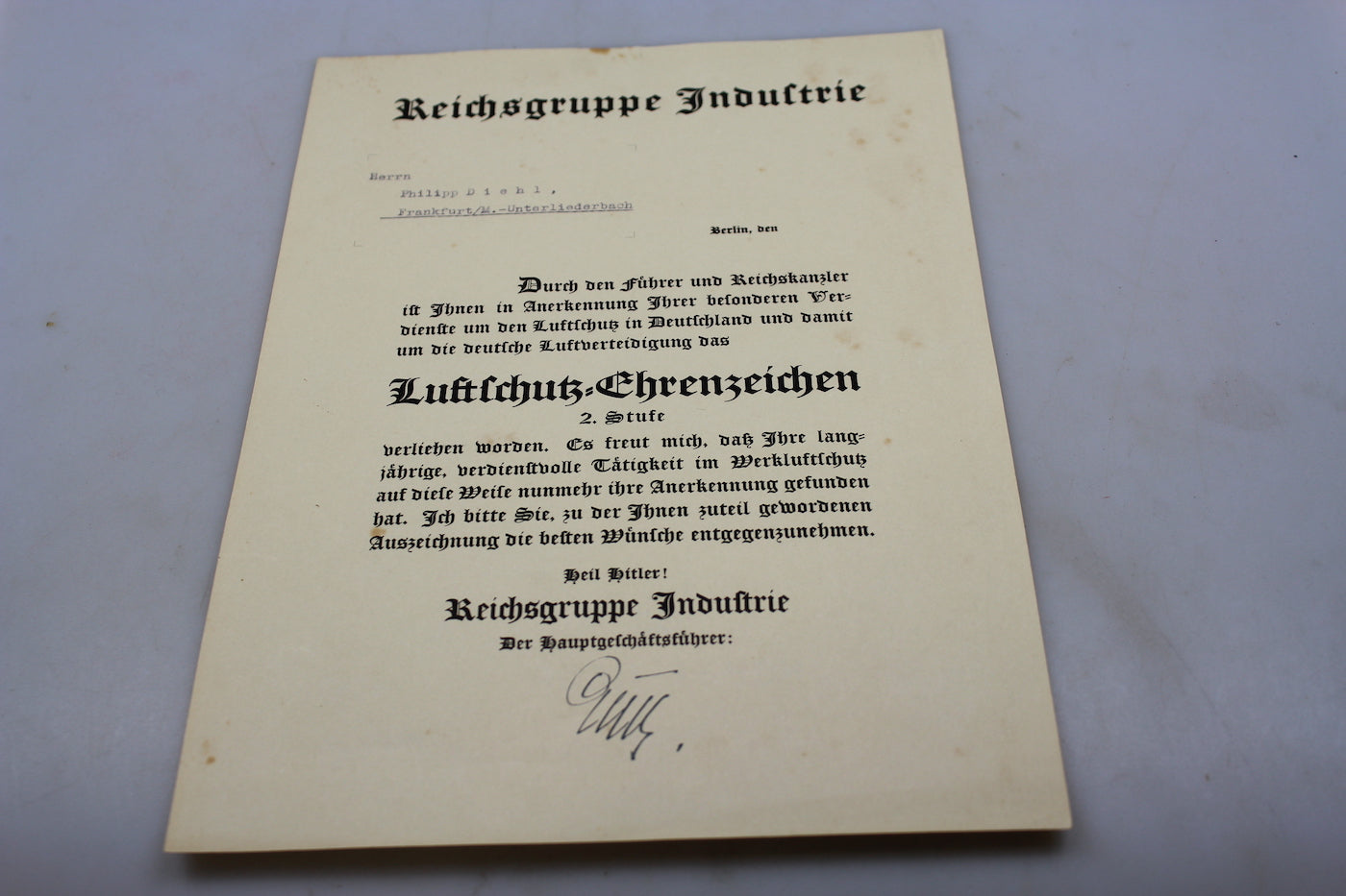 Attestato Luftschutz Ehrenzeichen 1938