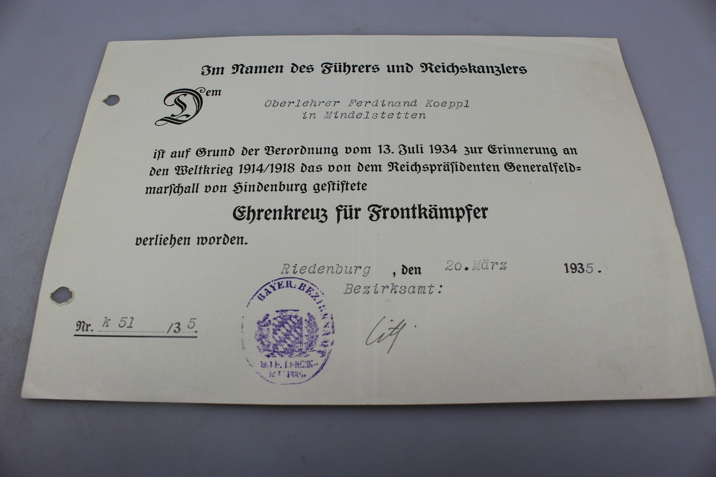 Attestato per Frontkampfer 1914/18