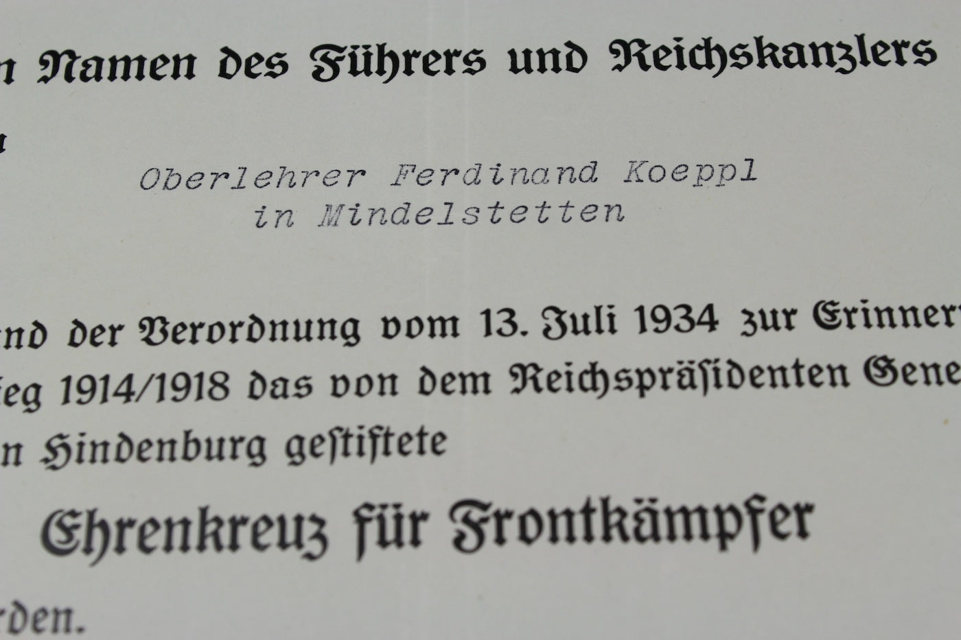 Attestato per Frontkampfer 1914/18