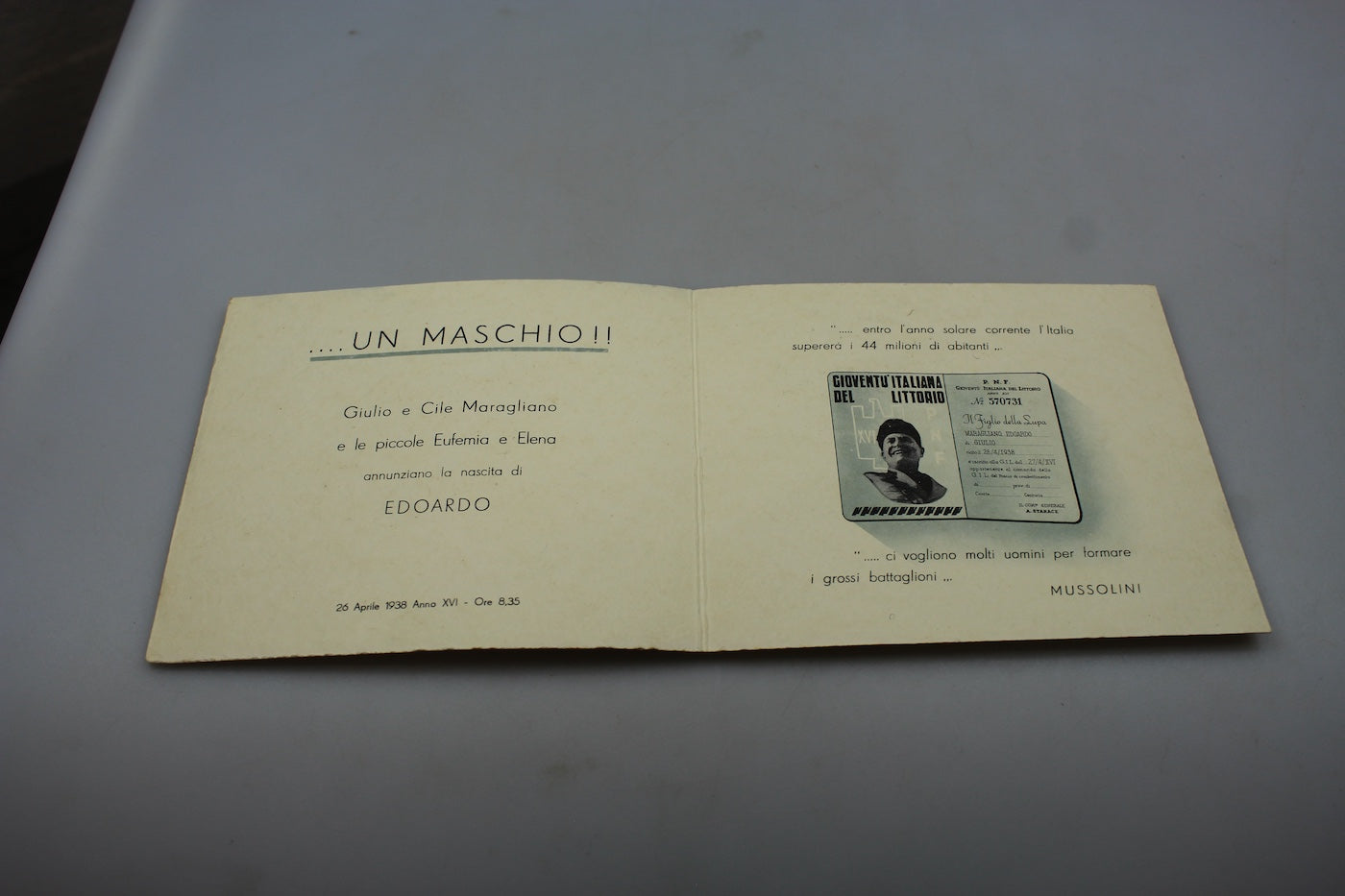 Biglietto nascita figlio maschio Ventennio