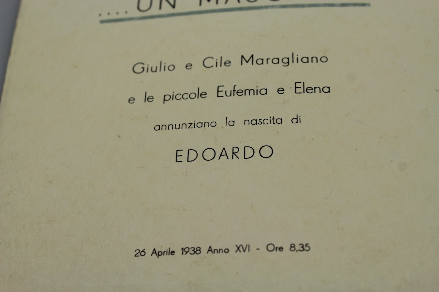 Biglietto nascita figlio maschio Ventennio