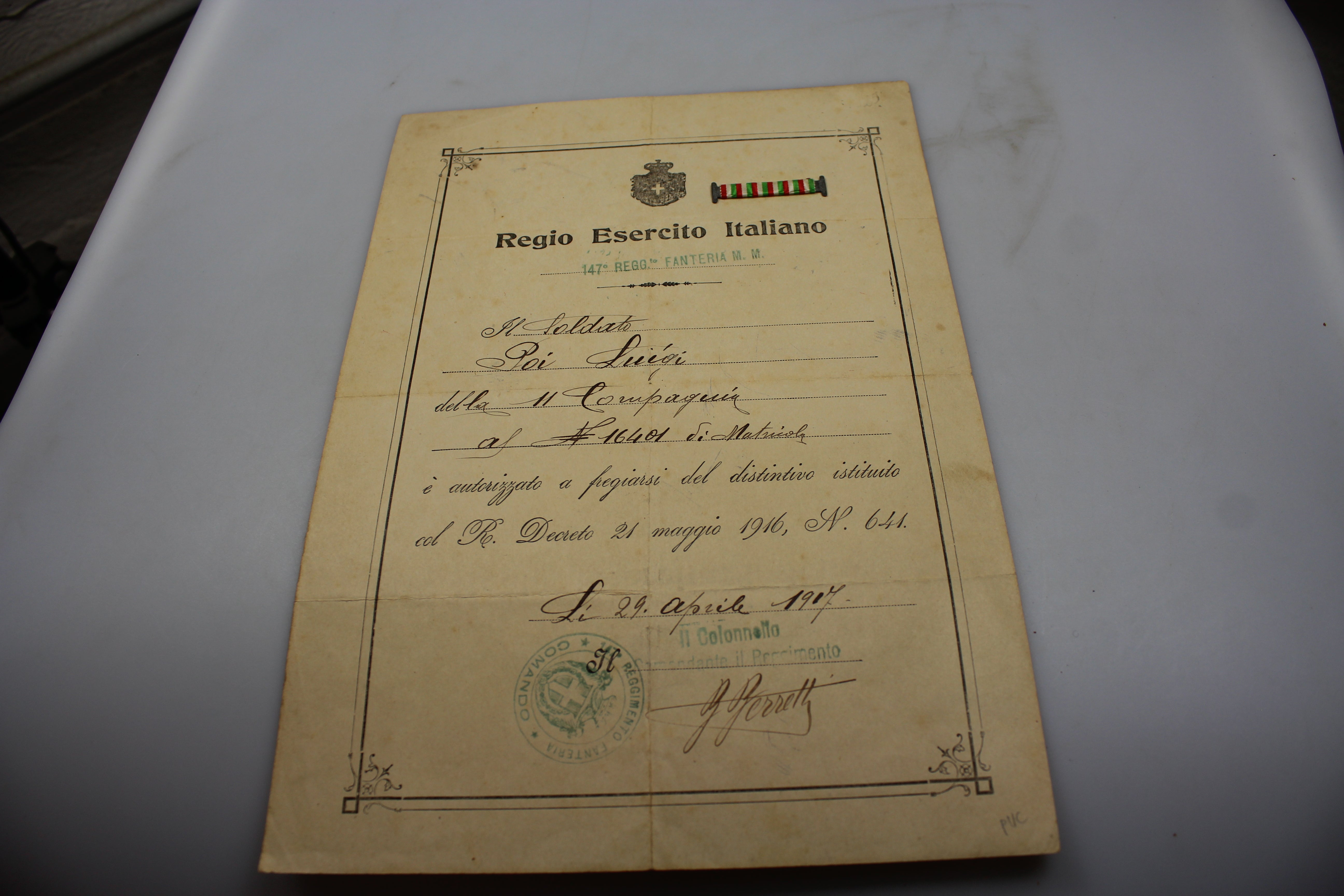 Attestato/autorizzazione nastro WW1