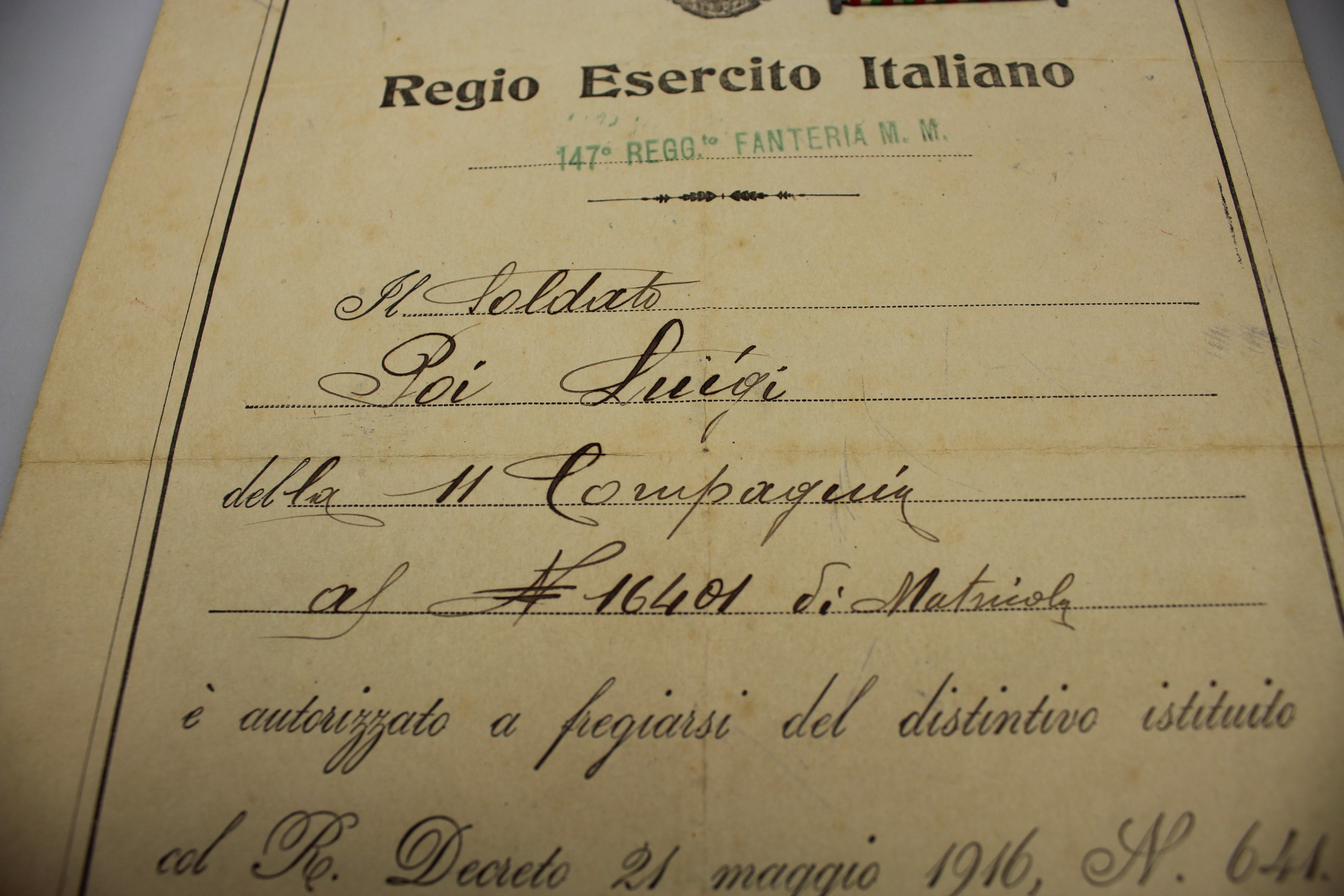 Attestato/autorizzazione nastro WW1