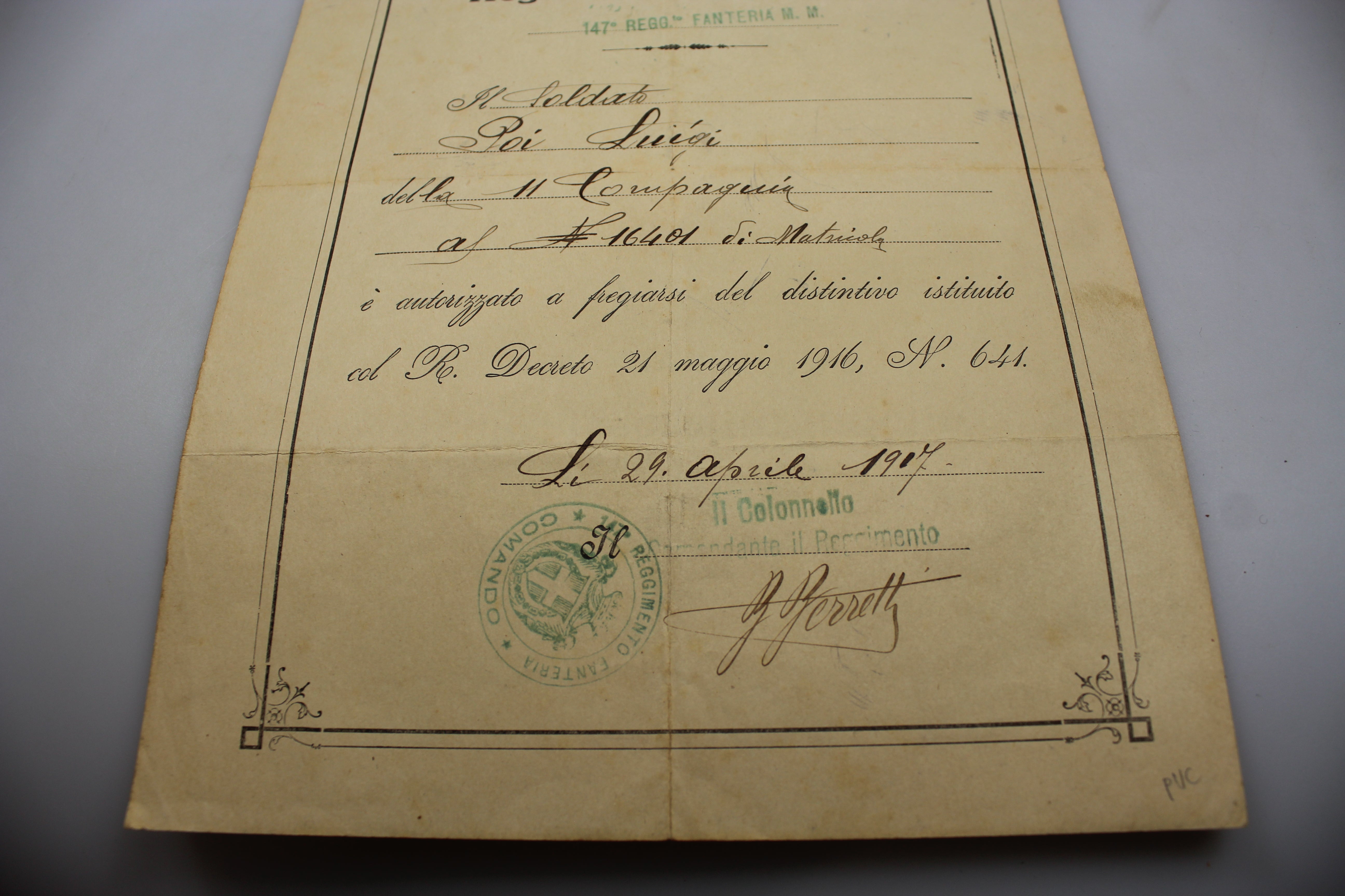 Attestato/autorizzazione nastro WW1