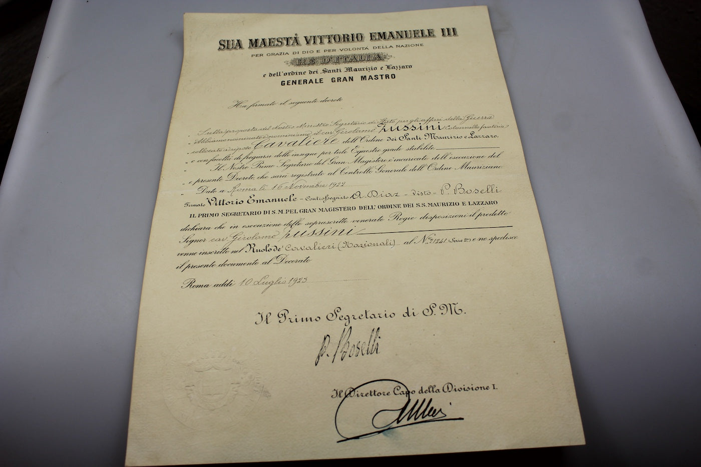 Attestato nomina Cavaliere Santi Maurizio e Lazzaro 1923