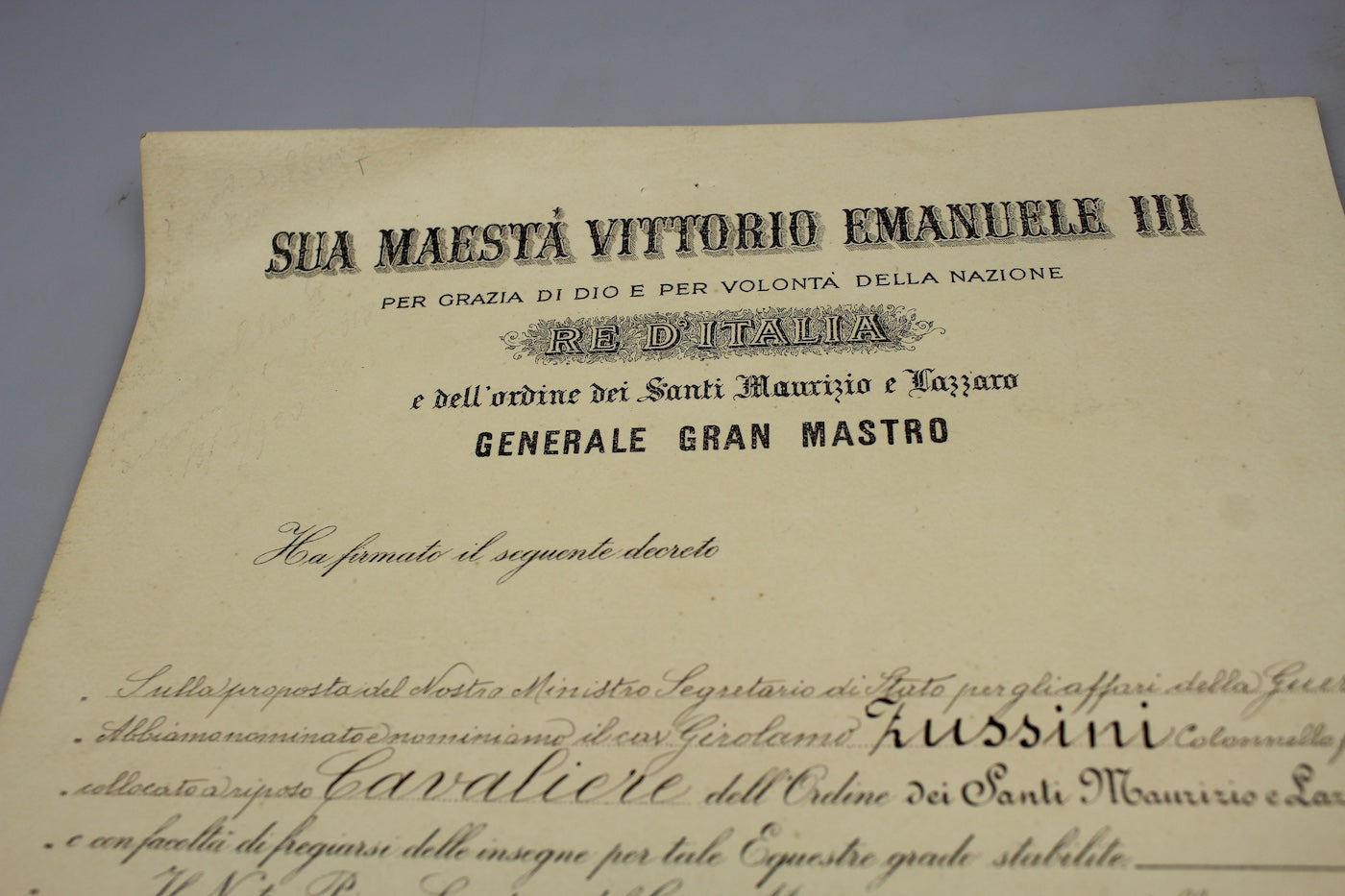 Attestato nomina Cavaliere Santi Maurizio e Lazzaro 1923