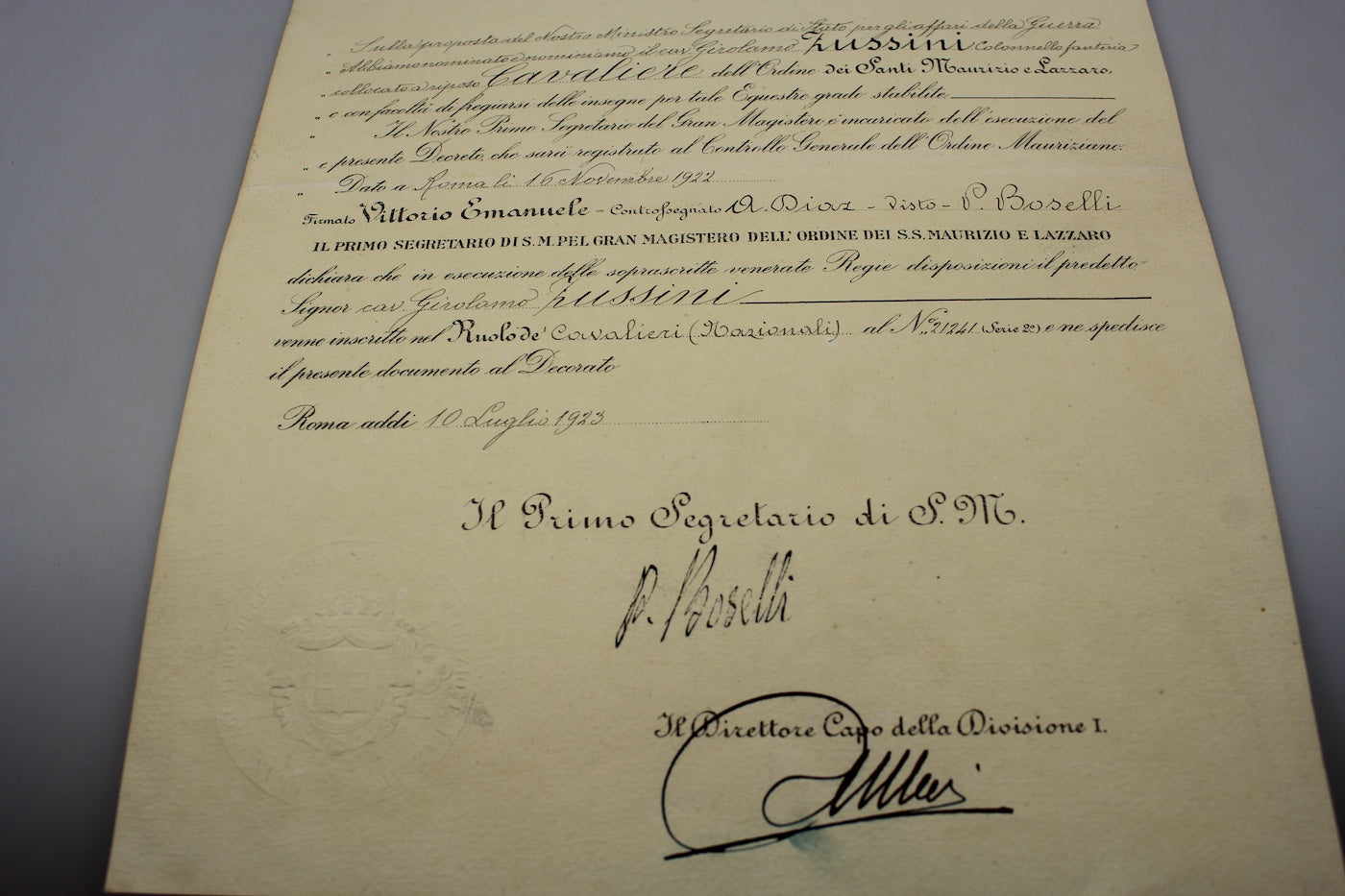 Attestato nomina Cavaliere Santi Maurizio e Lazzaro 1923