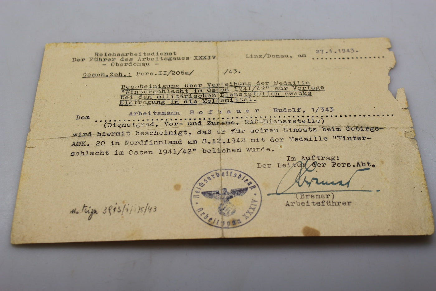 Attestato Ostmedaille 1941/42