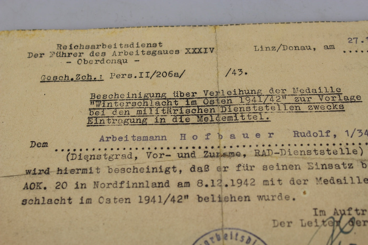 Attestato Ostmedaille 1941/42