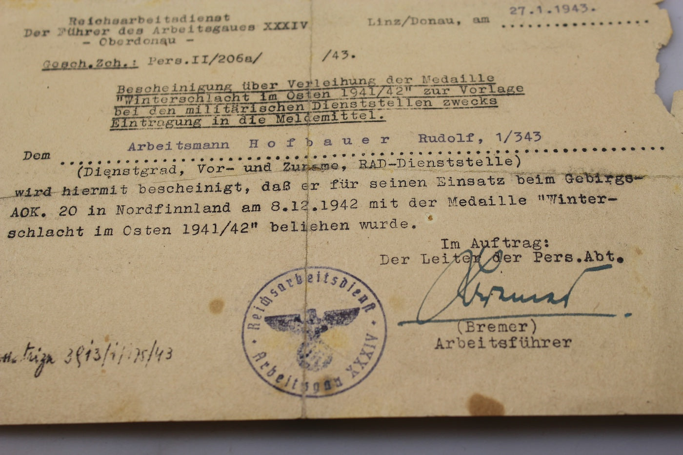 Attestato Ostmedaille 1941/42