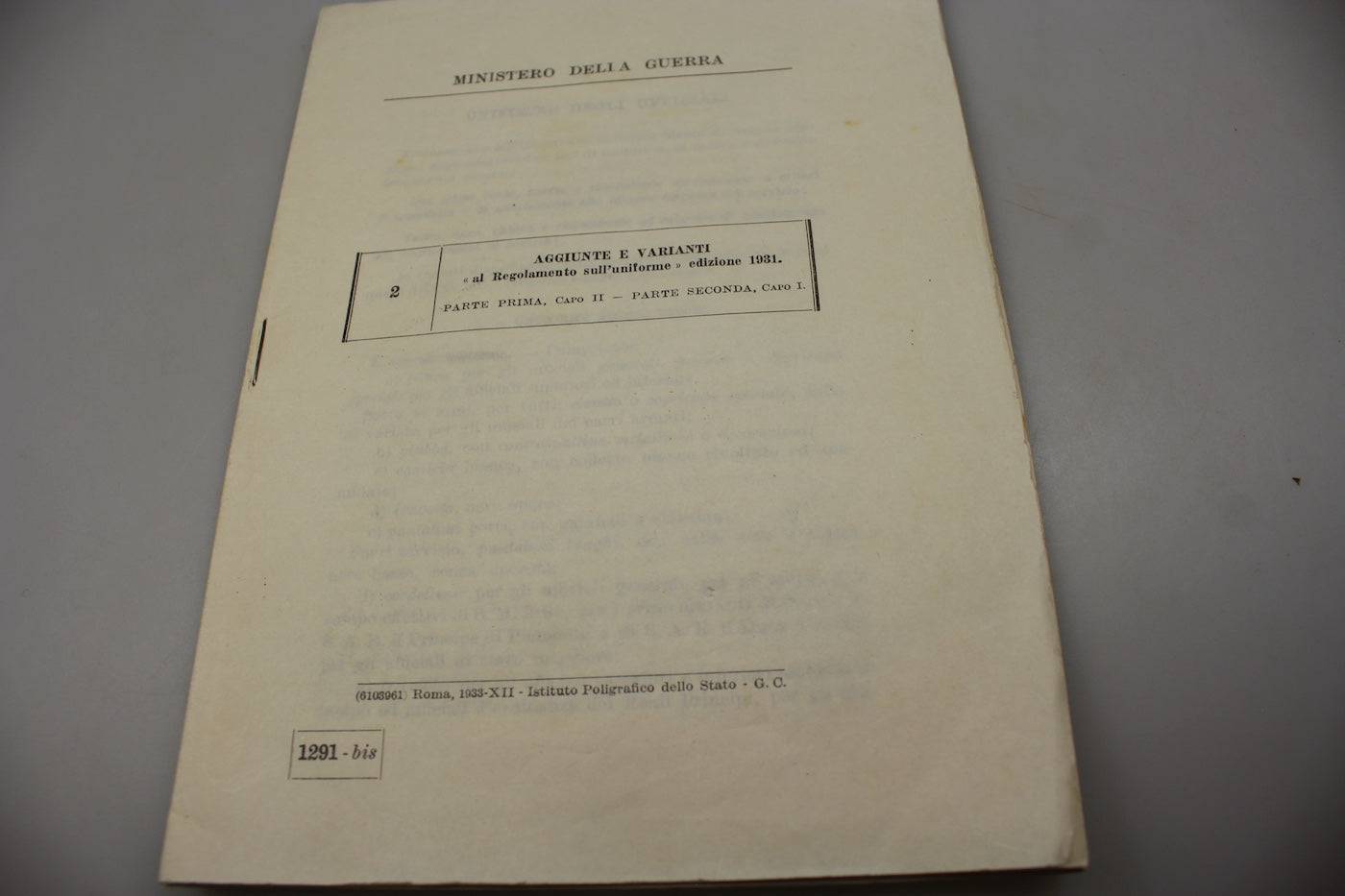 Aggiunte e varianti "Al regolamento sull' uniforme" - edizione 1931