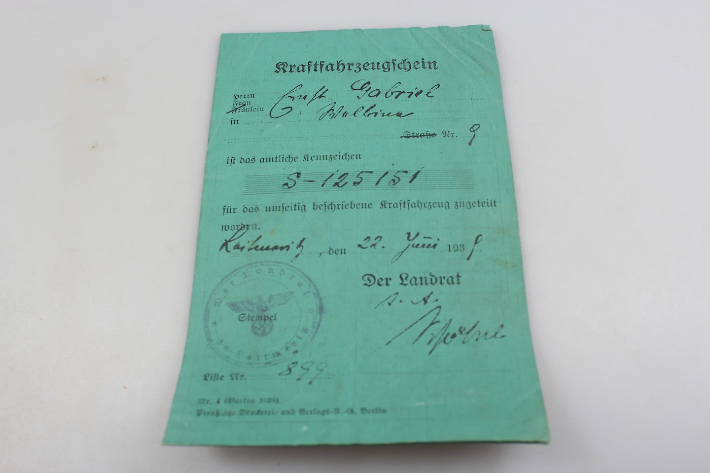 Kraftfahrzeugschein - NSU Giugno 1939