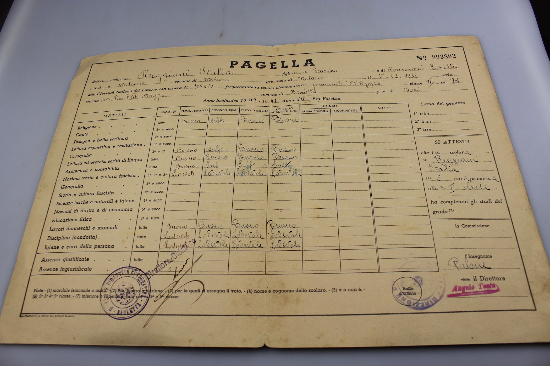 Pagella scolastica GIL anno XIX° E.F.