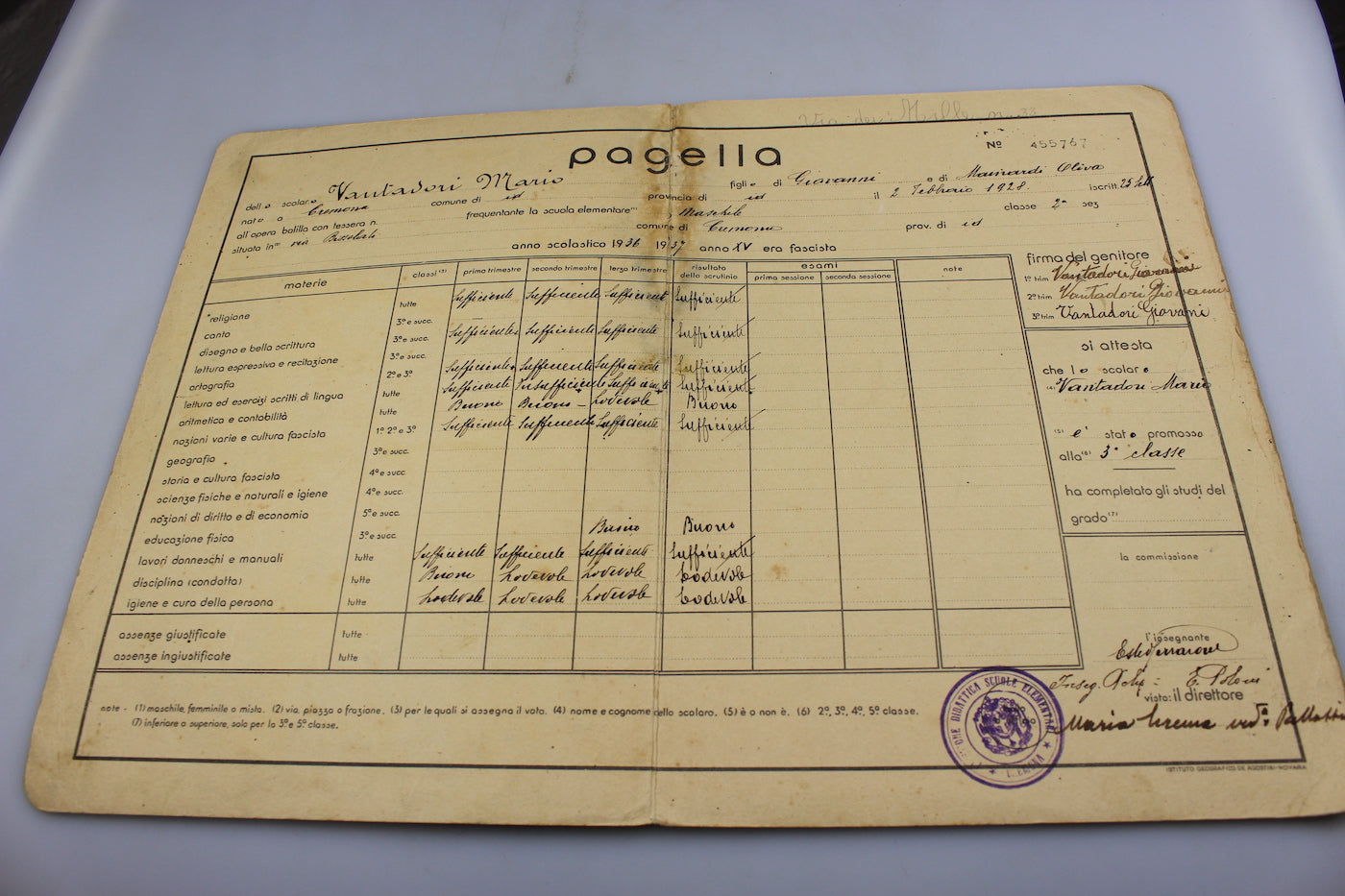 Pagella Obera Balilla anno XV° E.F