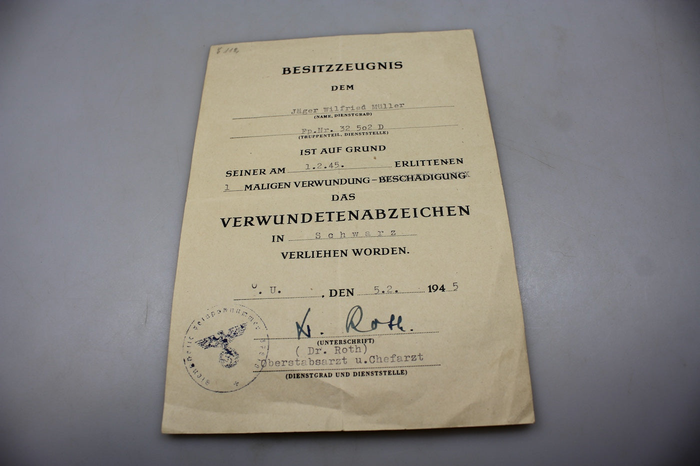 Attestato distintivo Ferita di Terza Classe WH 1945