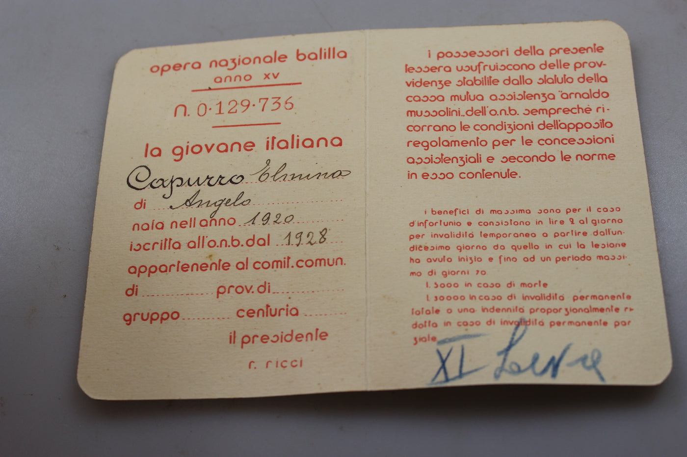 Tessera "Giovane Italiana" XV° EF