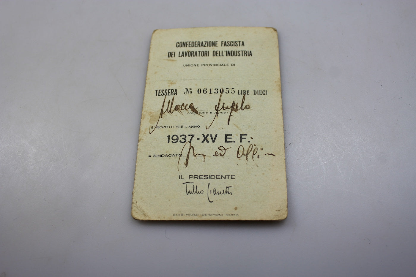 Tessera iscritto C.F.L.I. - 1937 XV° E.F.