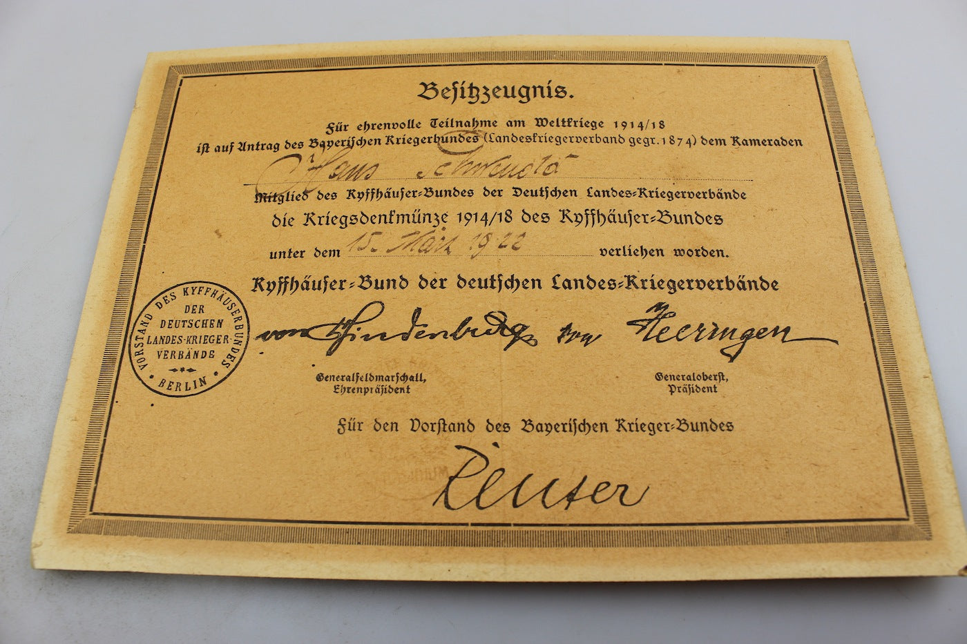 Attestato per medaglia Kyffhauser - Bundes 1914/18